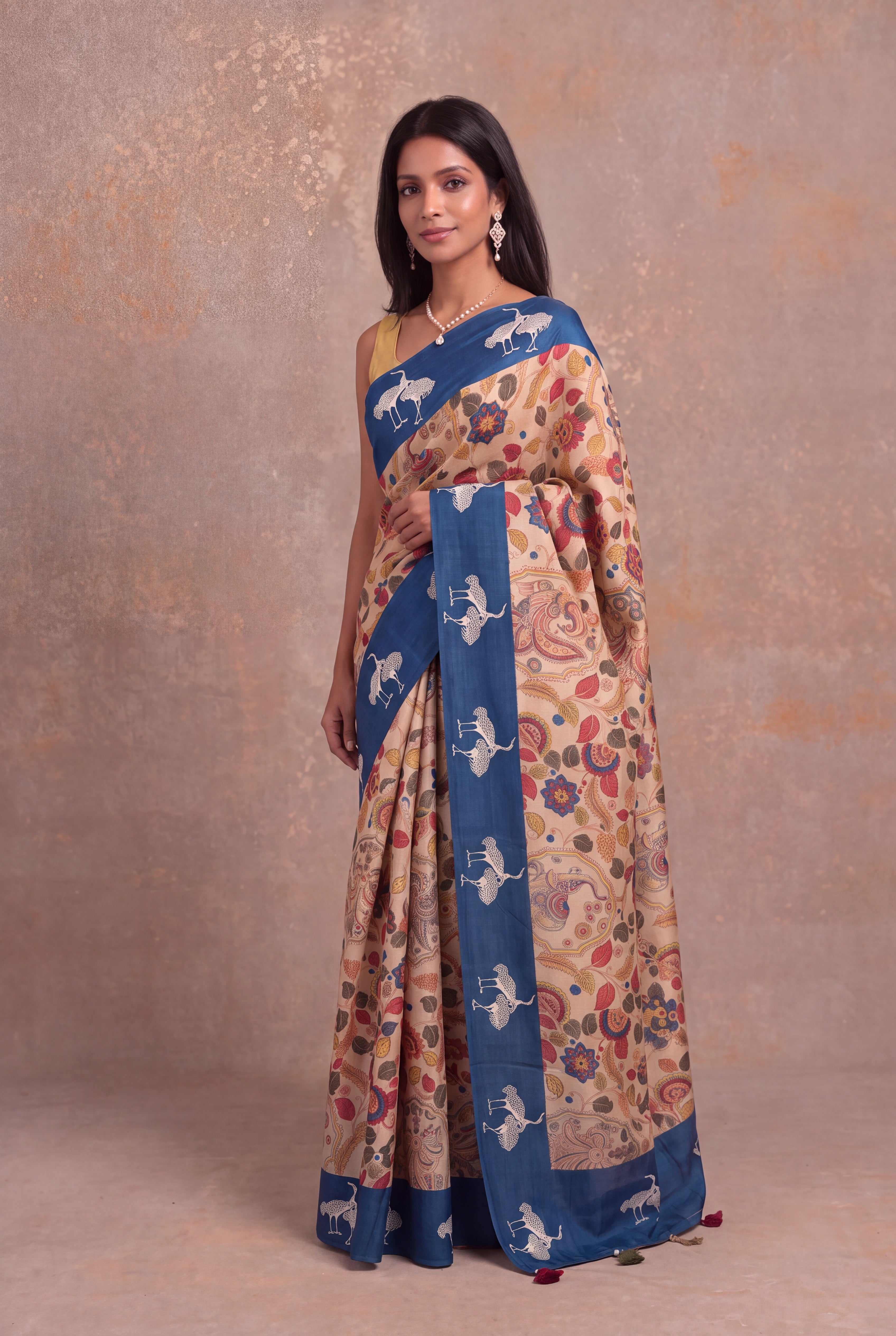 Off-White Tussar Silk Kalamkari Saree