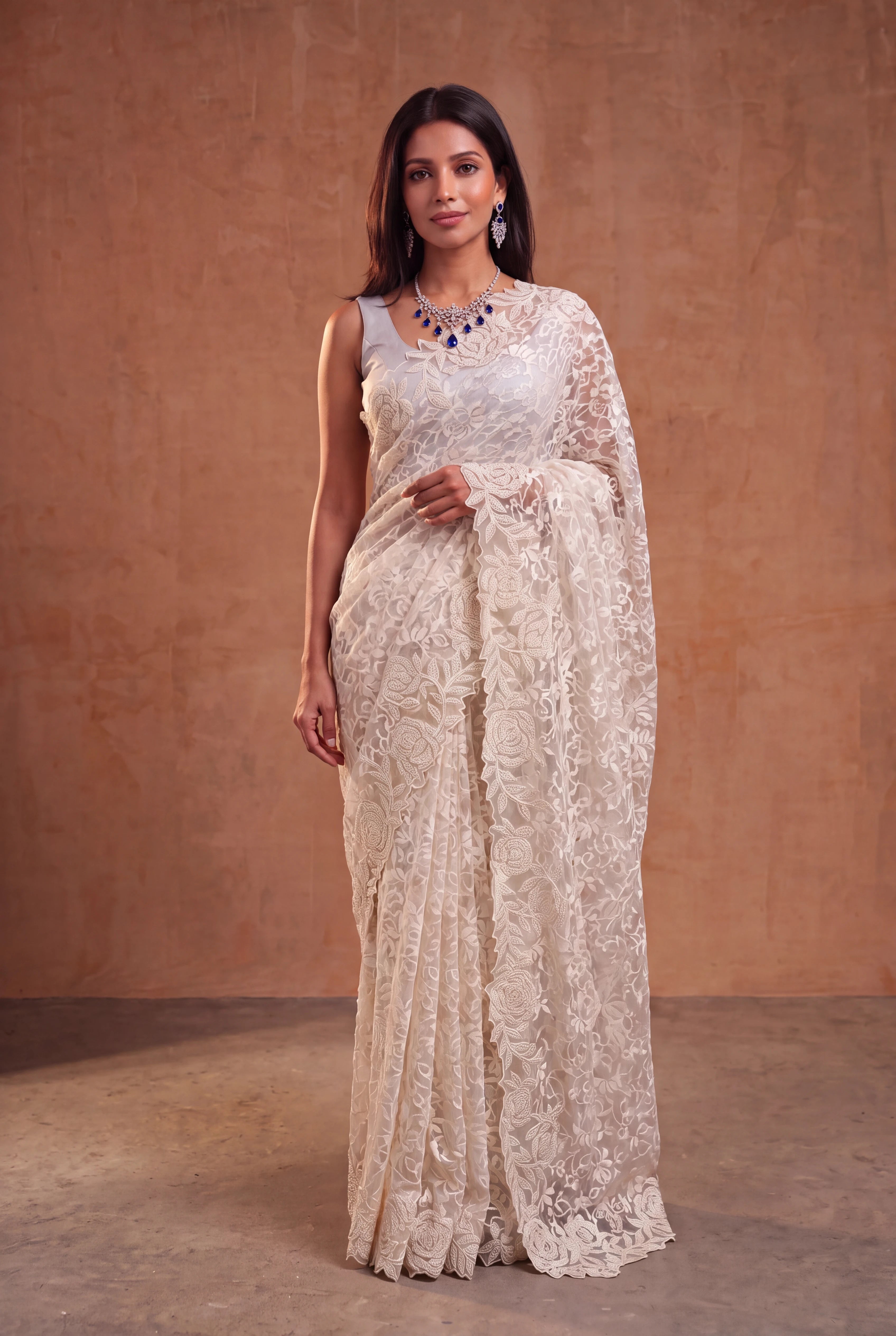 Off-White Lace Saree with Appliqué Work
