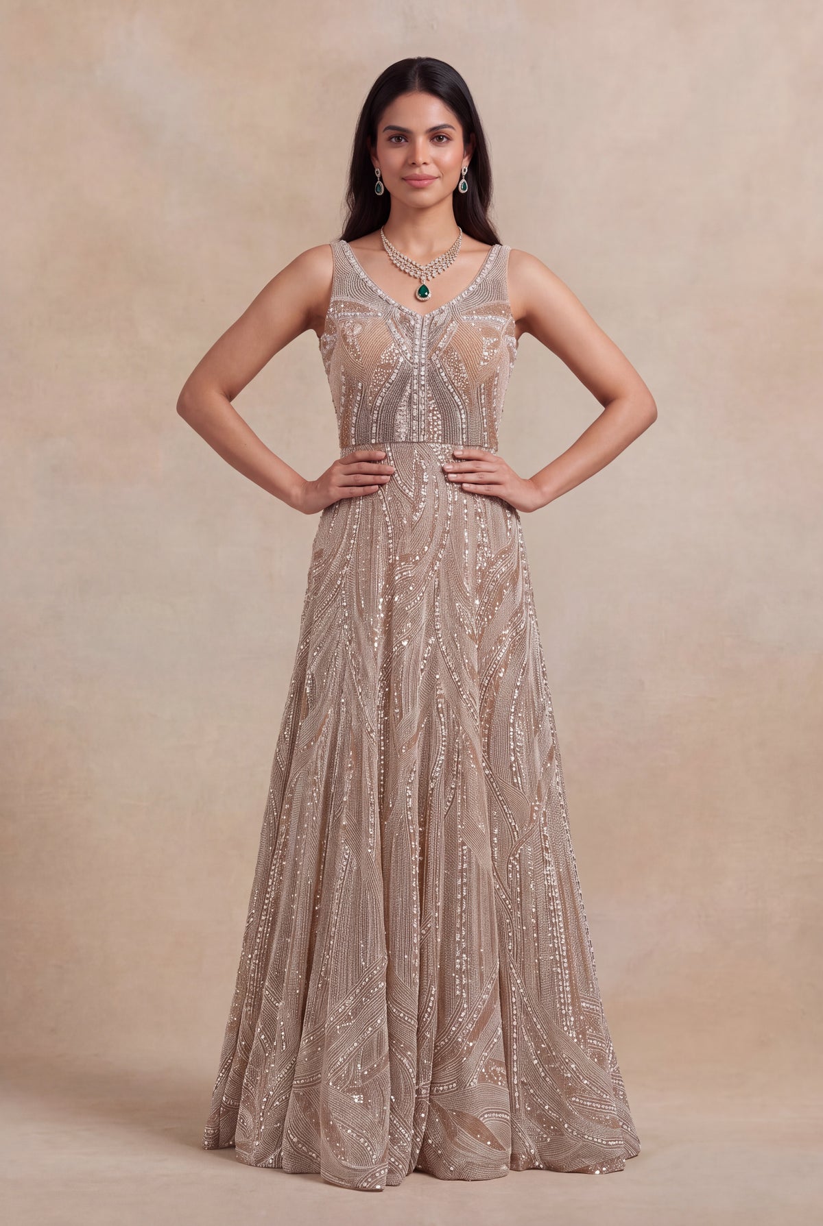 Champagne Gold Sequin & Pearl Embroidered Gown