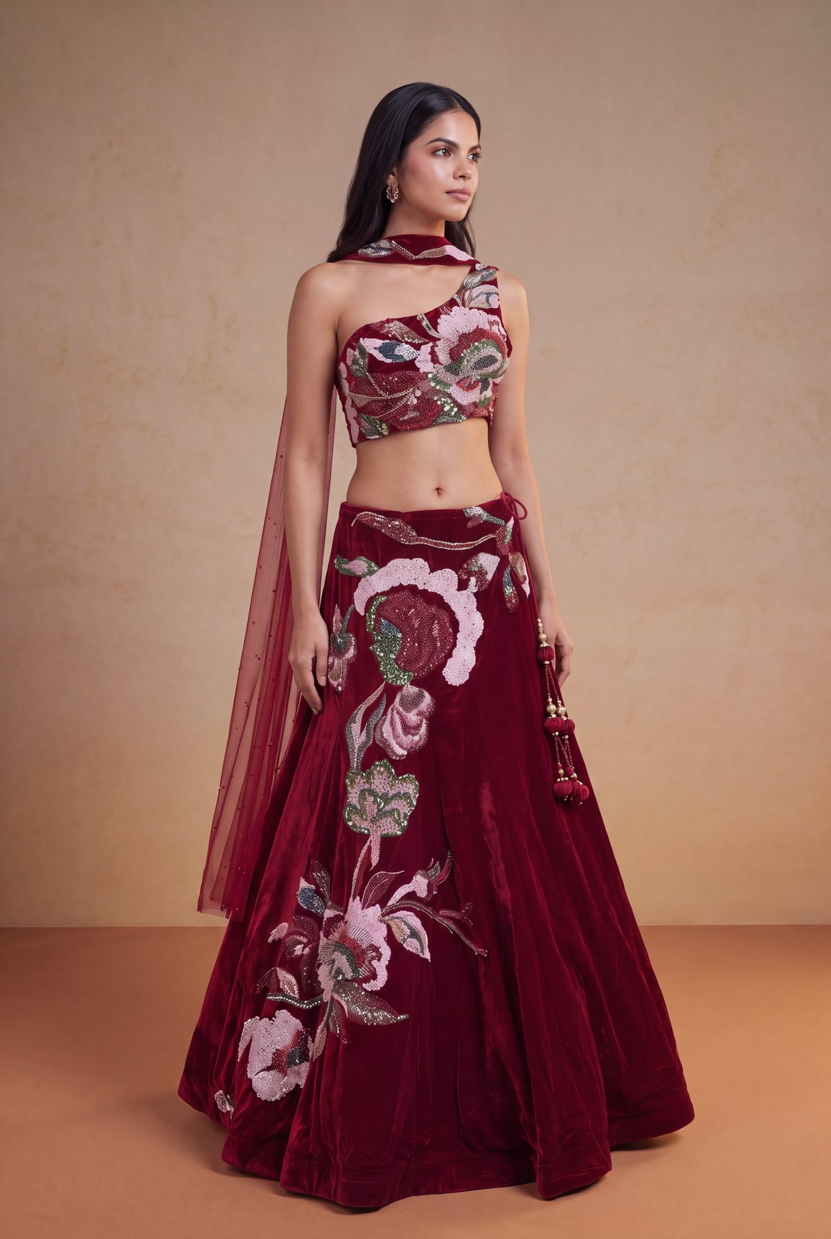 Cherry Red Velvet Lehenga Set with Cutdana and Pearl Embroidery