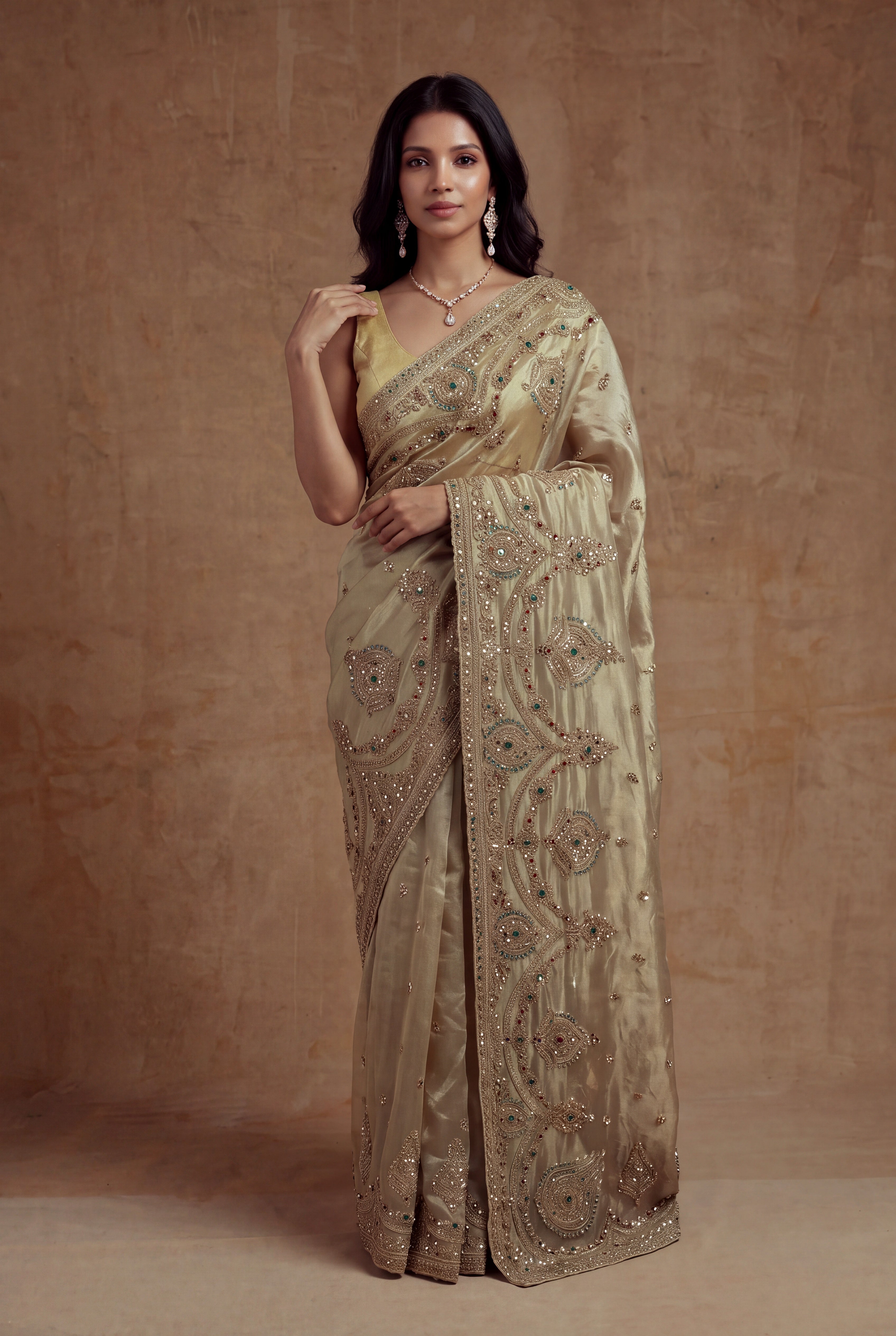 Antique Gold Tissue Zardosi Saree