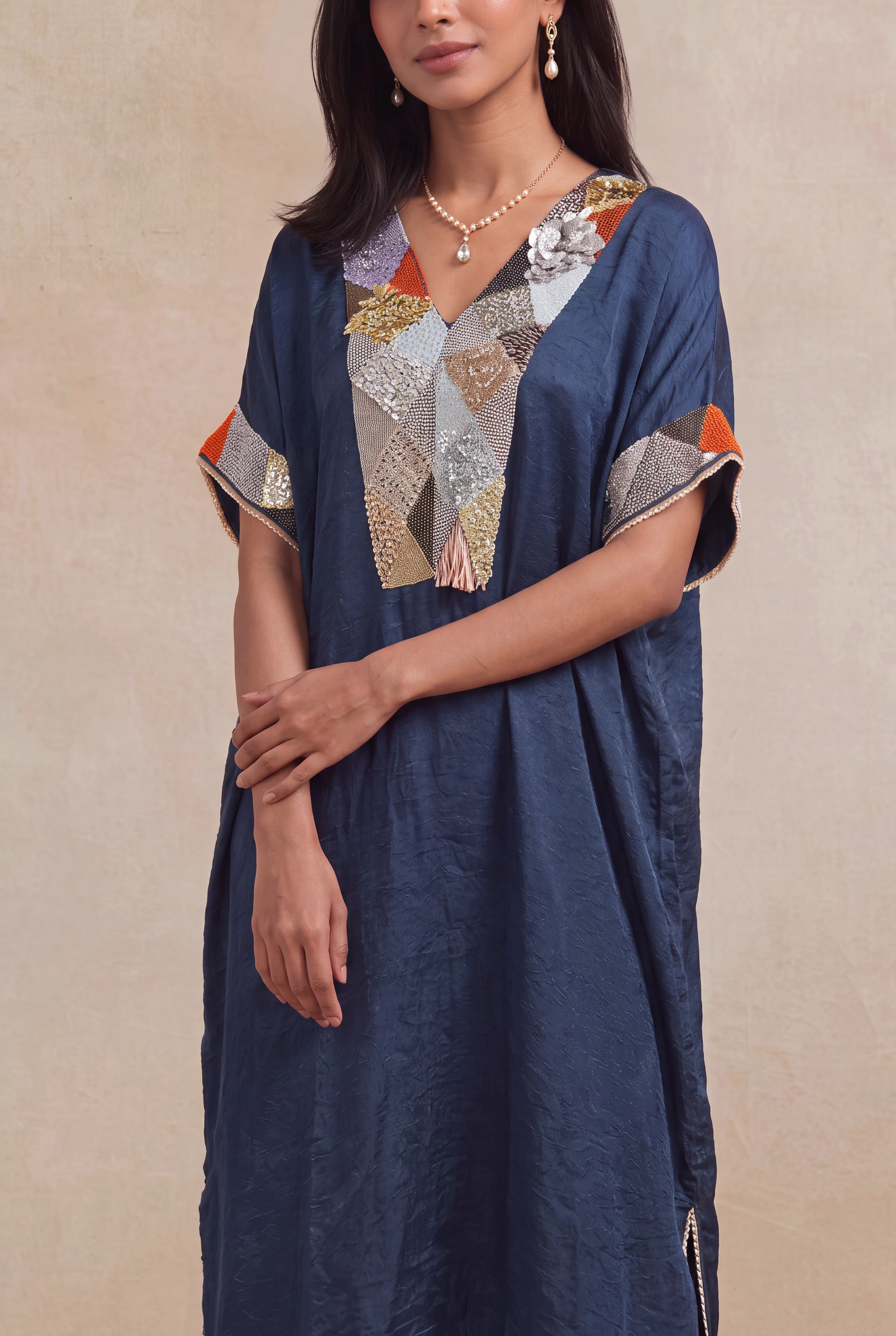 Navy Blue Soft Silk Kaftan Co-ord Set
