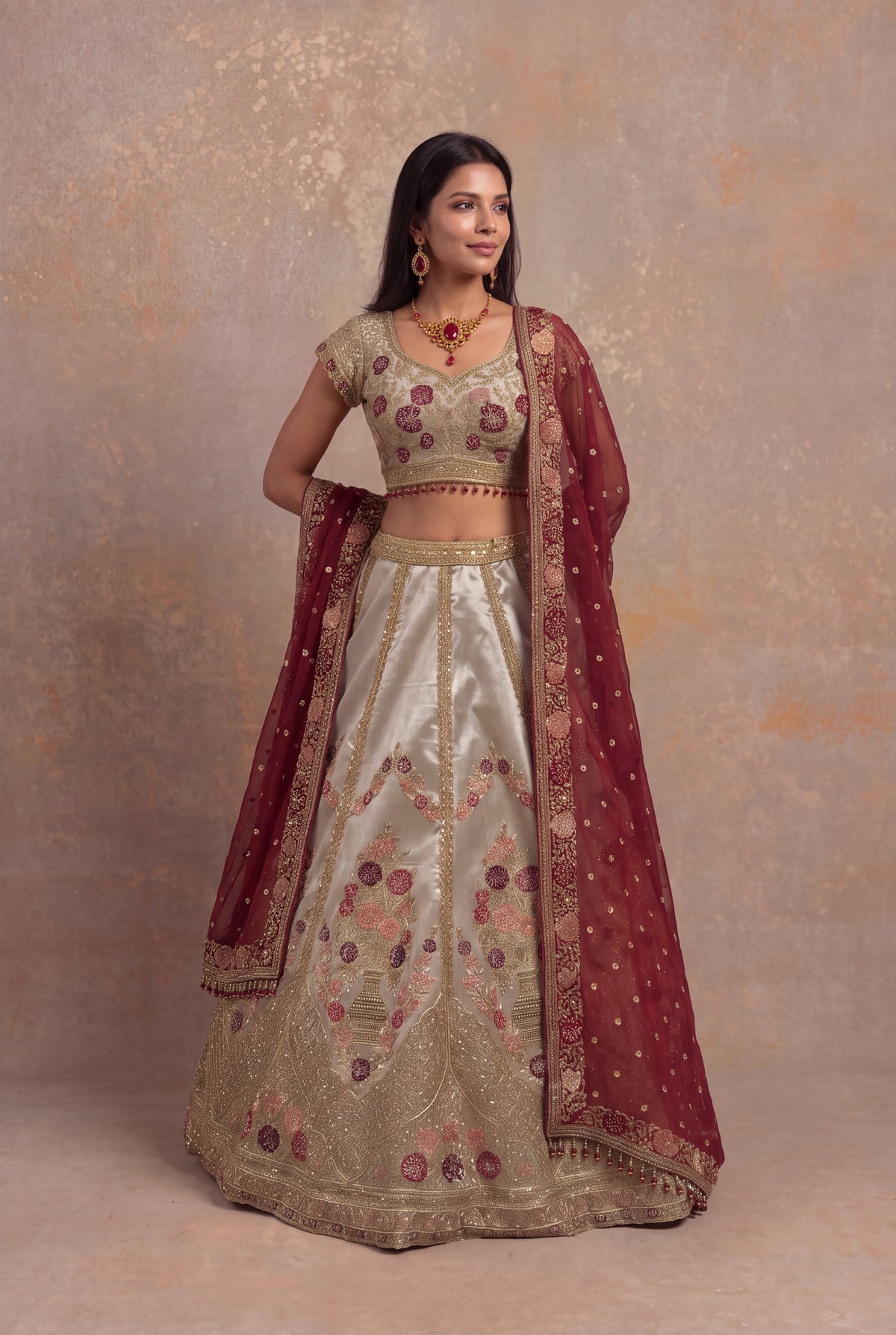 Gray Tissue Lehenga Set with Zardozi and Velvet Applique