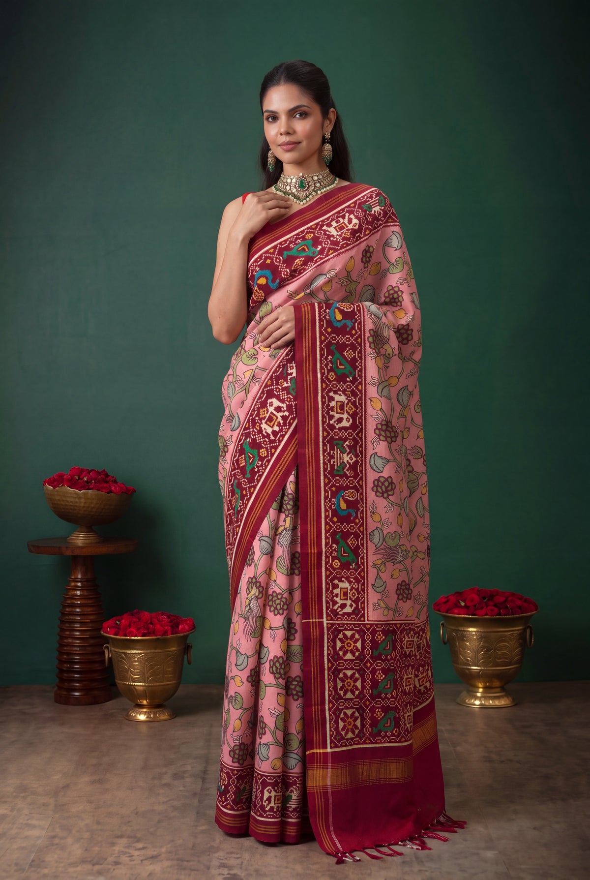 Peach Patan Patola Silk Kalamkari Saree