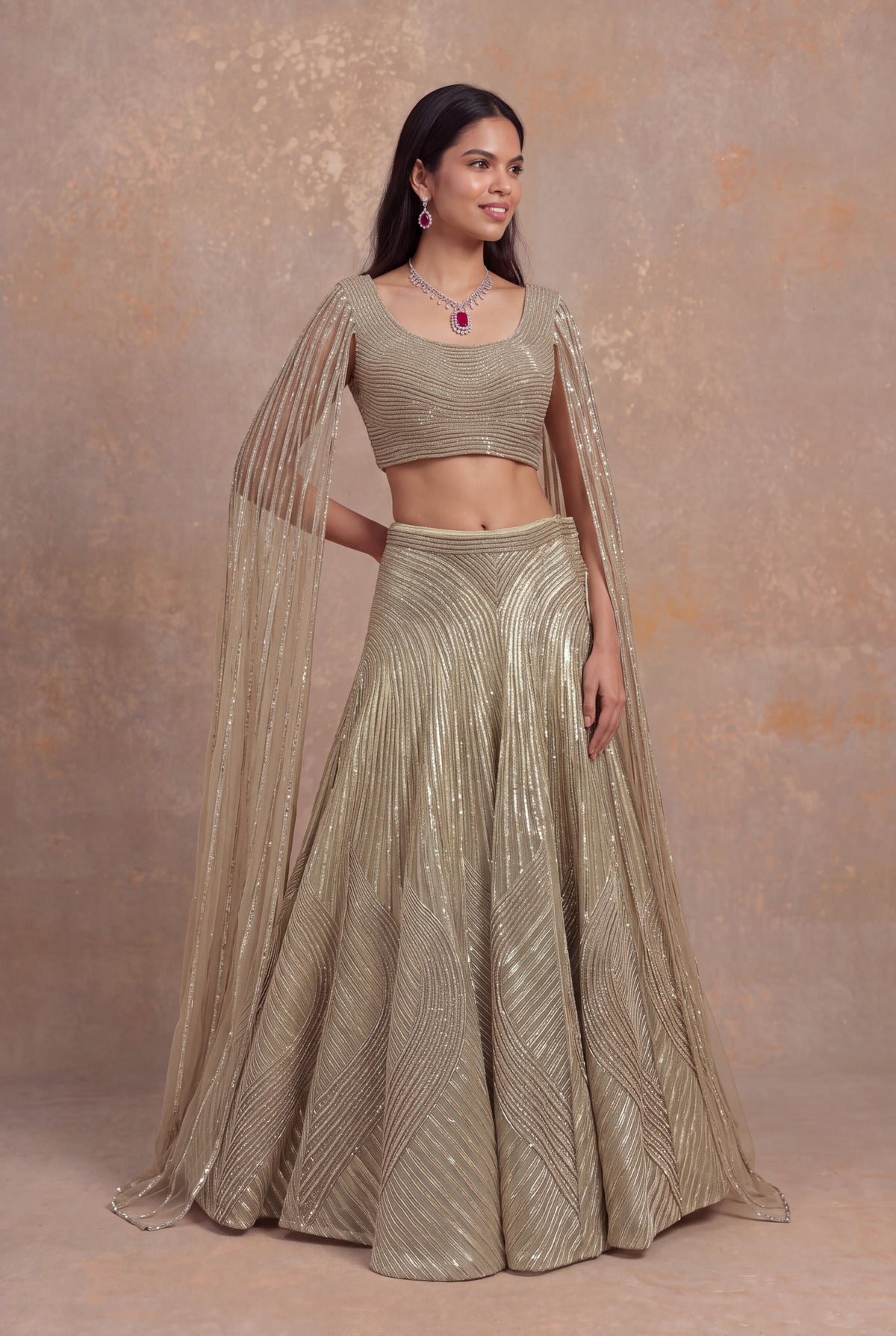 Gold Organza Lehenga with Attached Dupatta Blouse