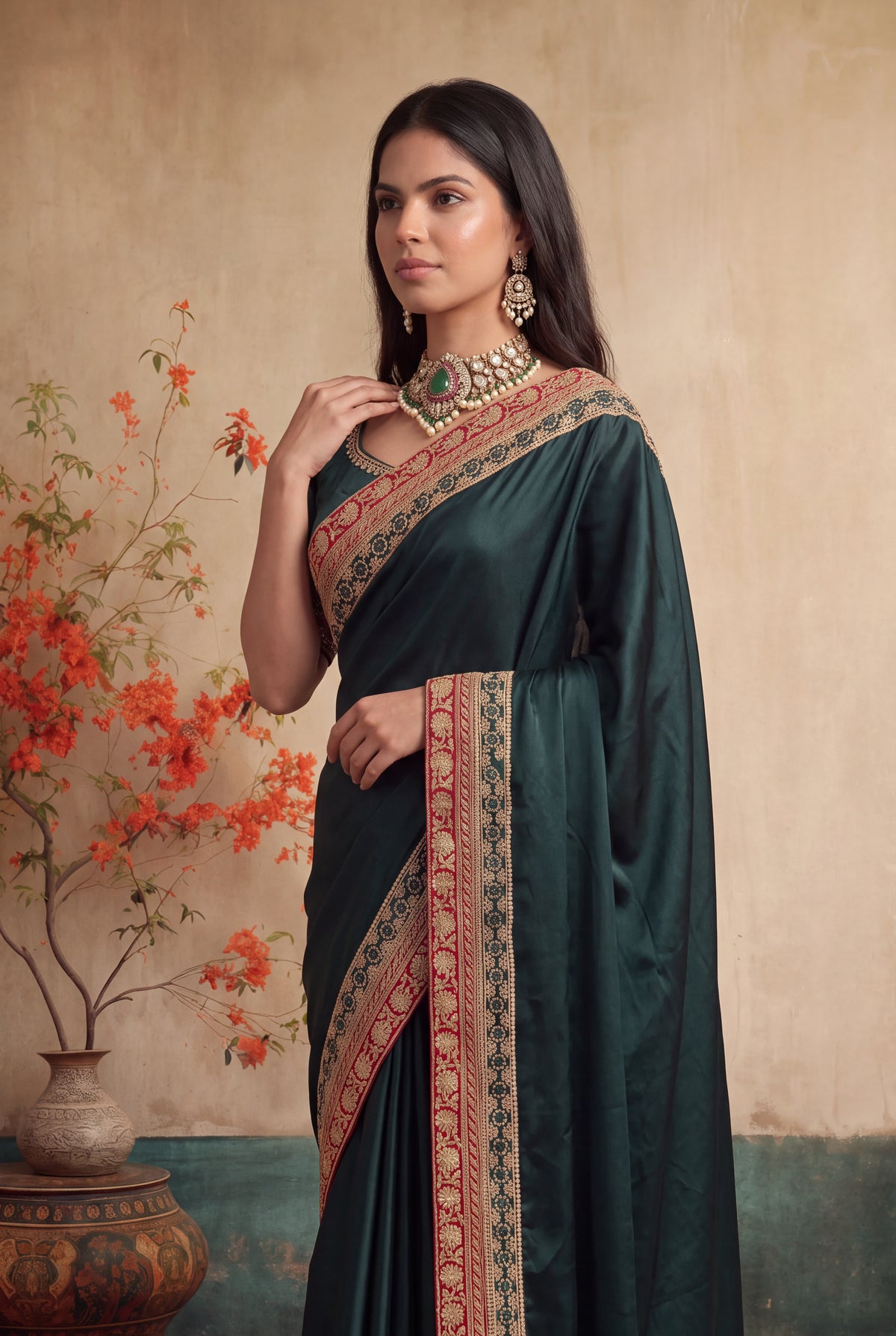 Bottle Green Satin Silk Saree