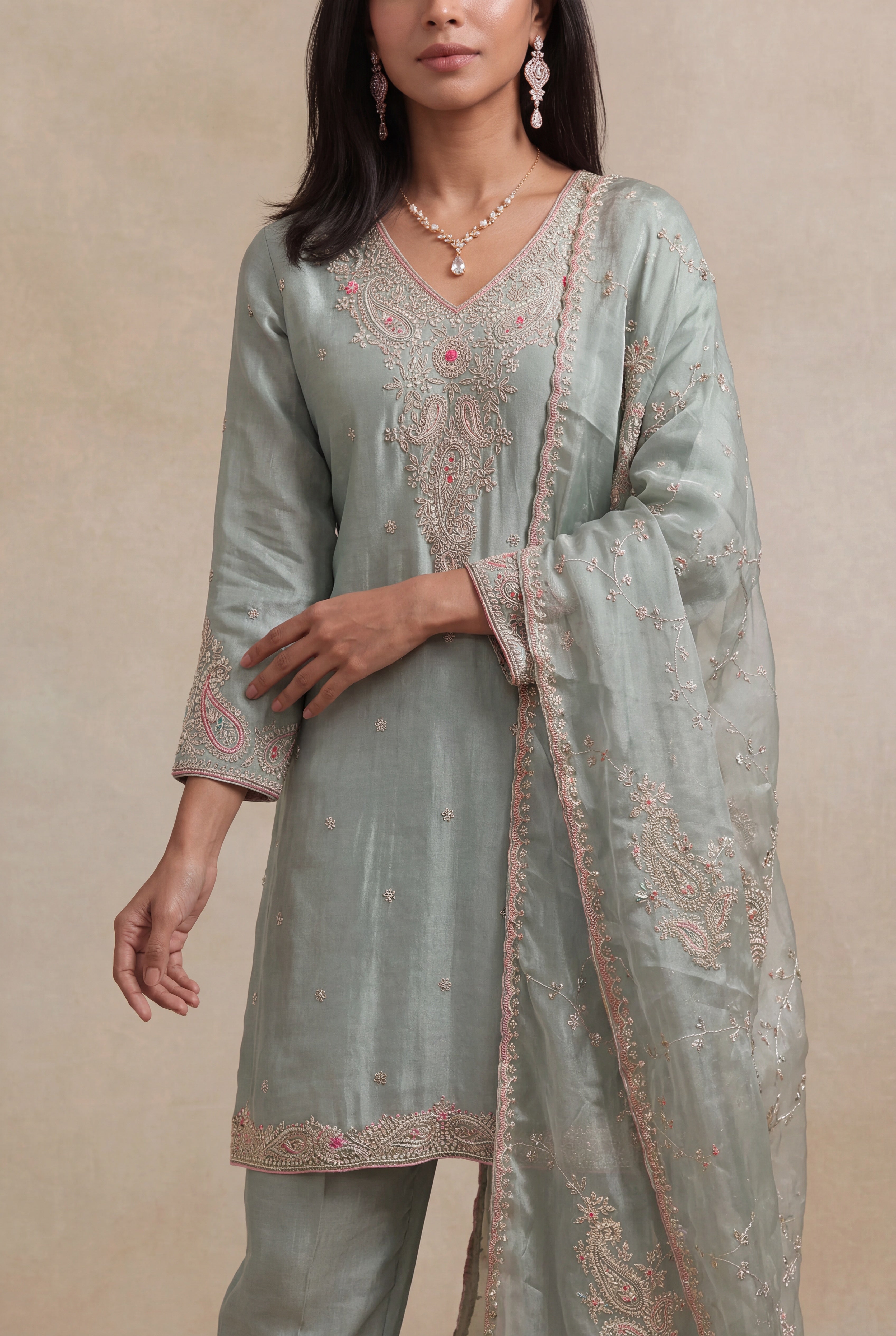 Sage Green Tissue Zardozi Straight Cut Salwar Suit