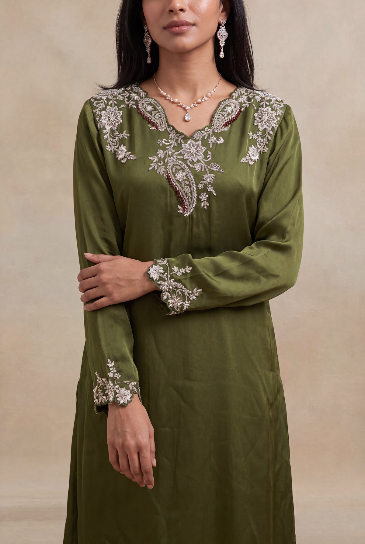 Olive Green Satin Silk Indo-Western Set with Zardozi Work