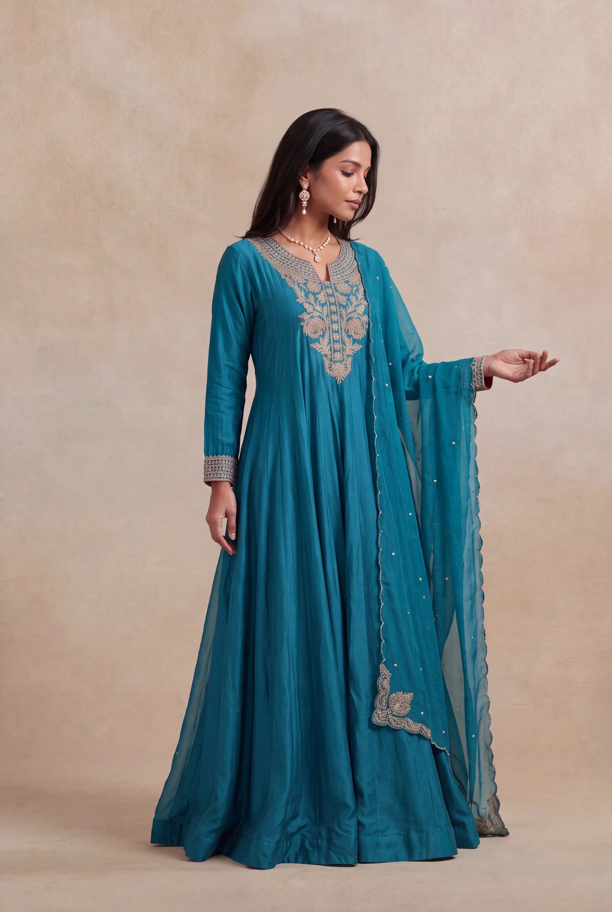 Teal Blue Chinon Silk Anarkali