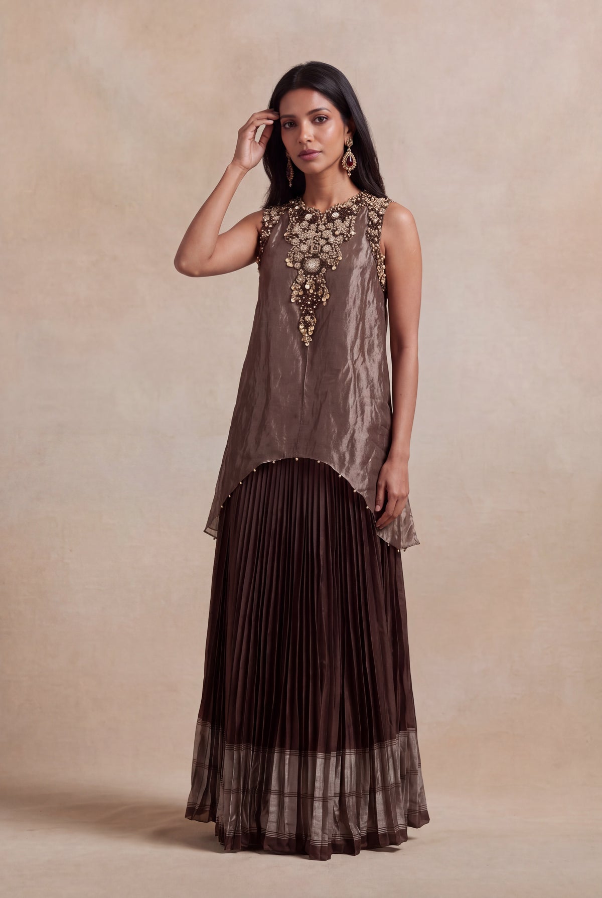 Bronze Crushed Tissue Top with Woven Silk Pleated Skirt
