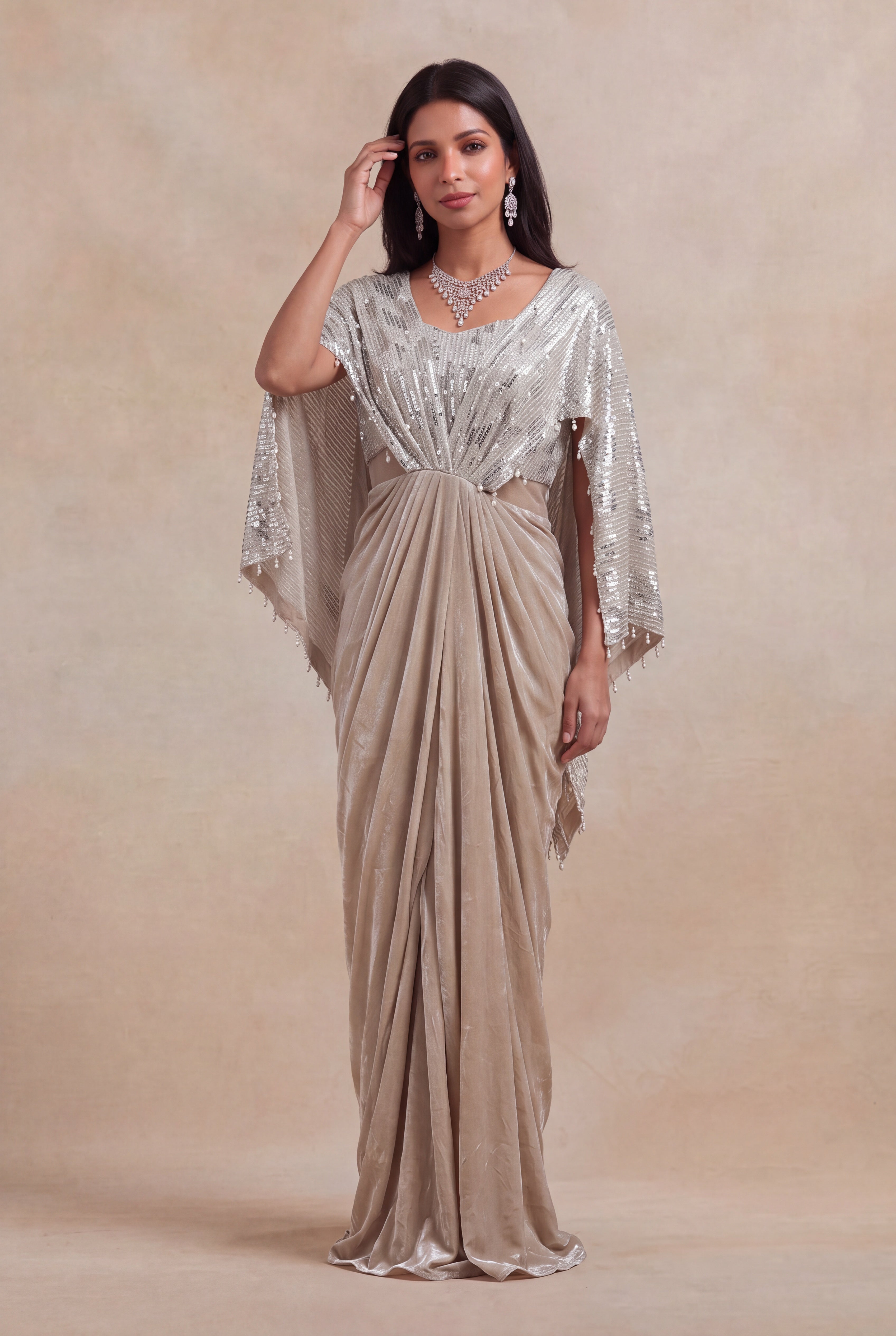 Champagne Silver Sequin & Pearl Draped Gown