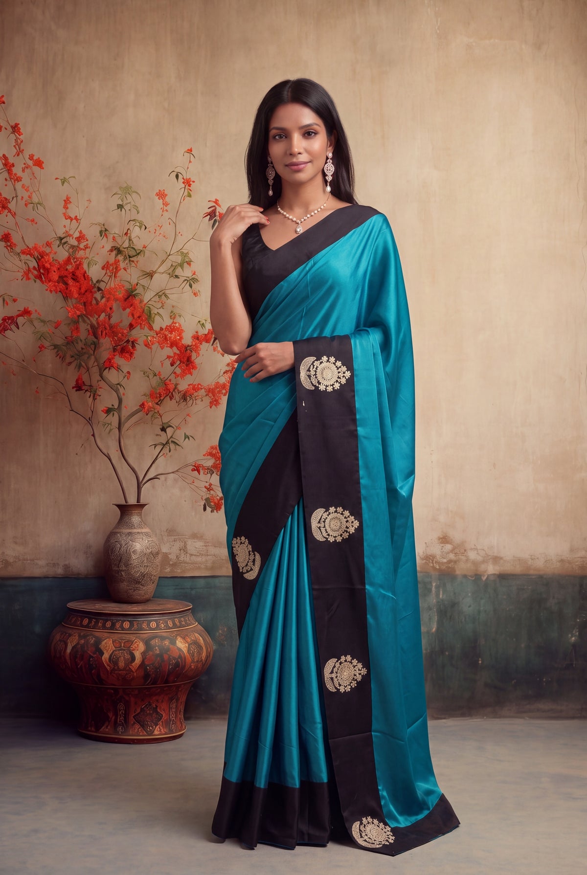 Teal Blue Crepe Silk Saree