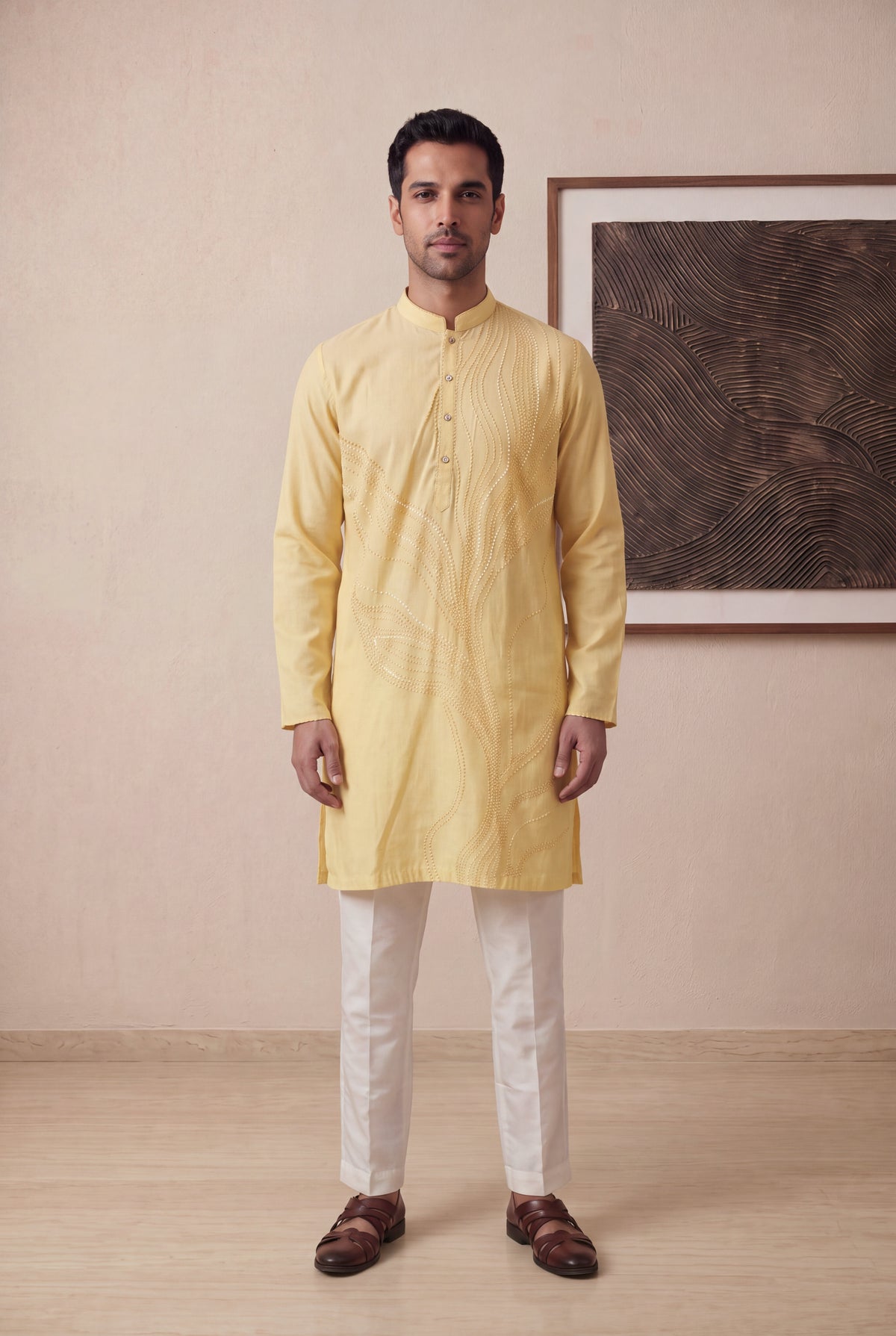 Yellow Silk Cotton Kurta Pant Set