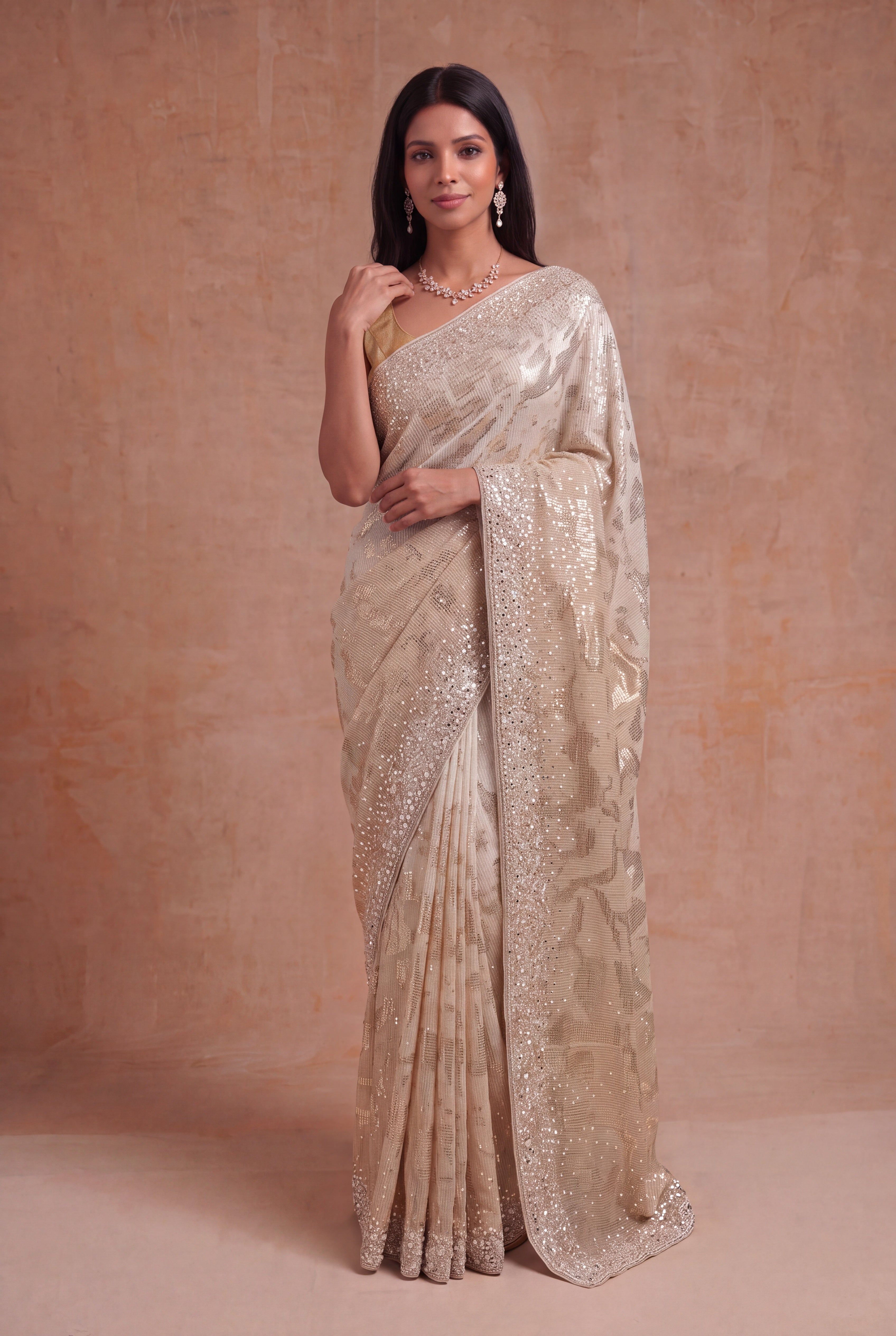 Gold Georgette Saree with Sequin & Mirror Work