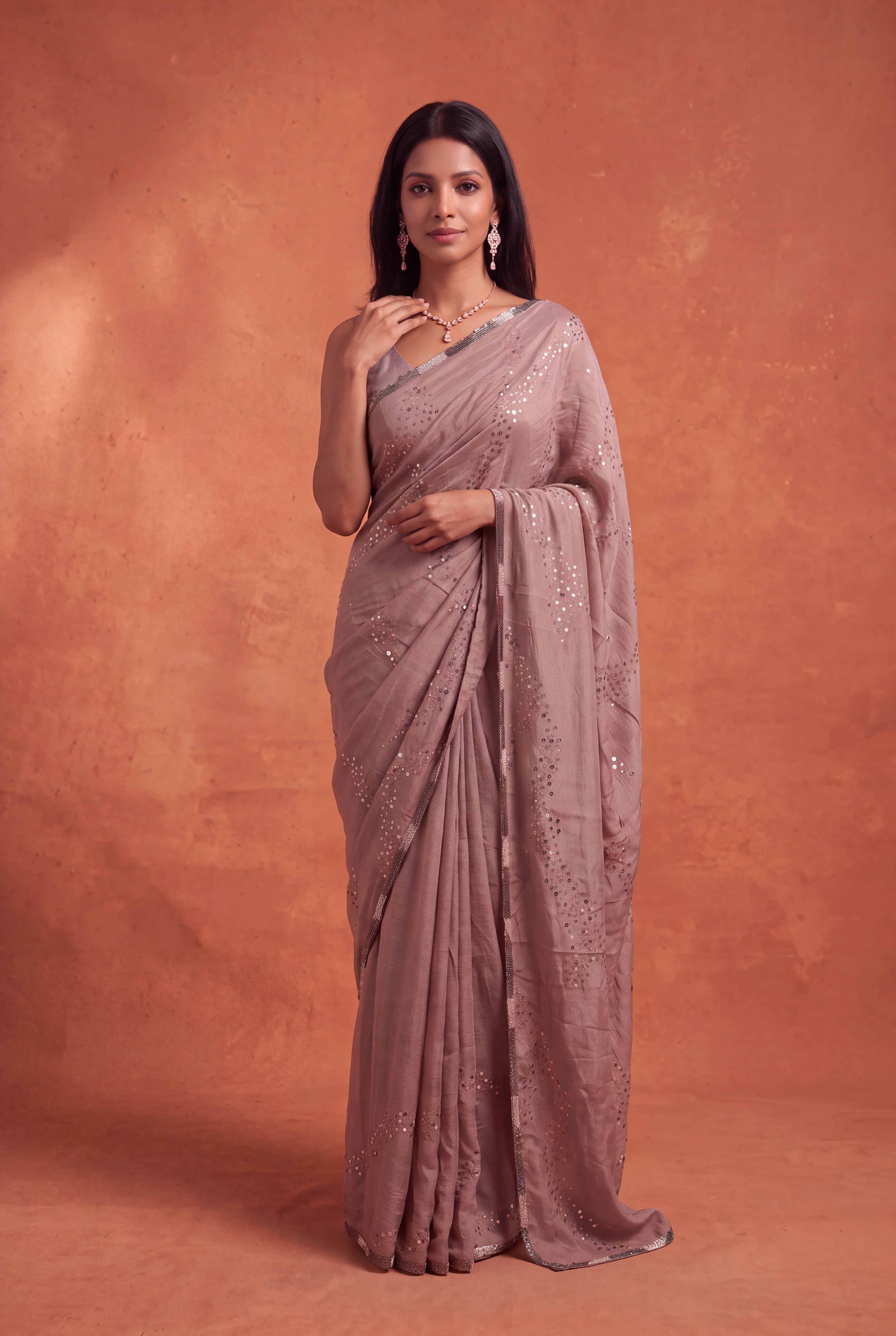 Brown Crush Crepe Saree with Sequin Work