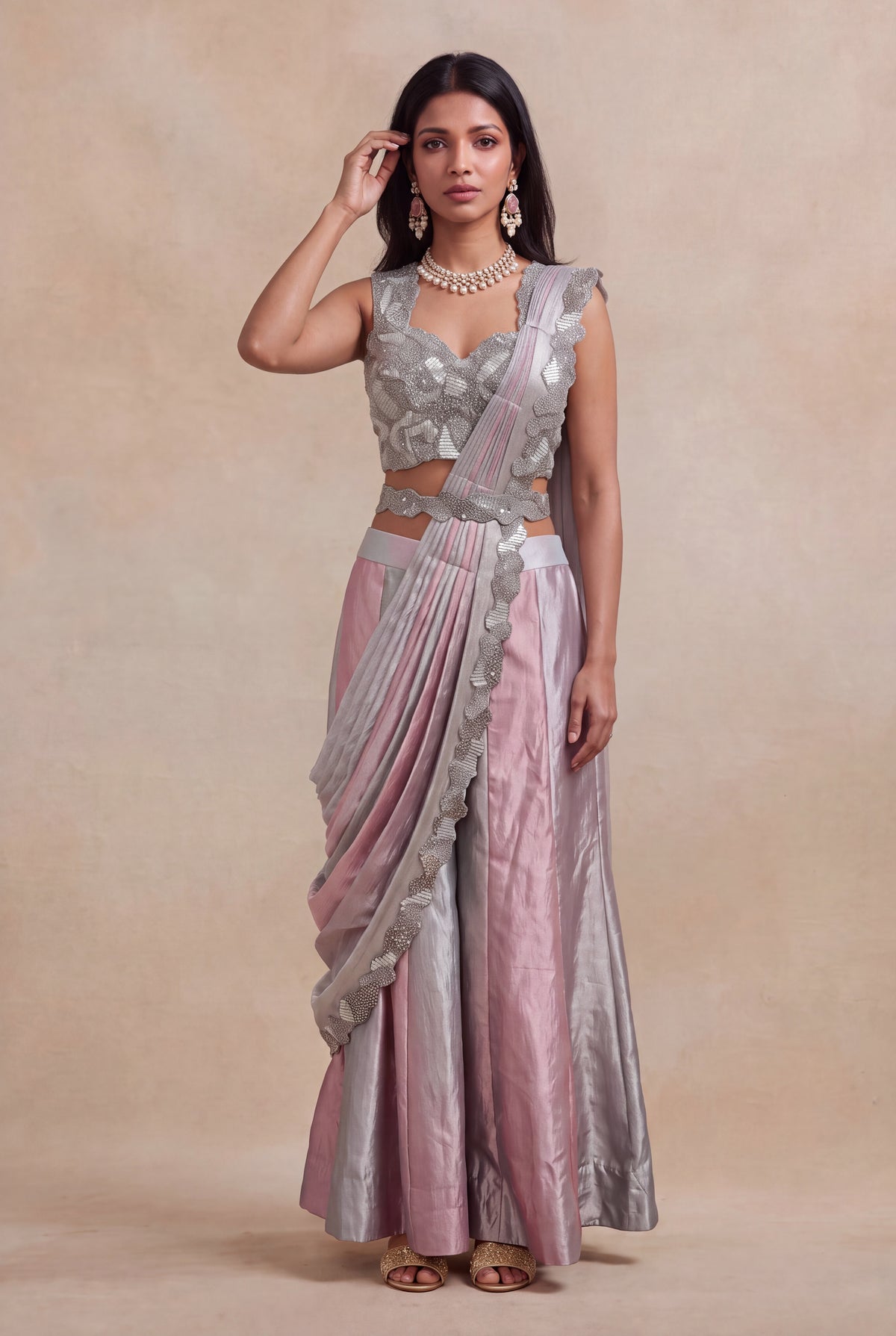 Pink & Silver Tissue Drape Saree