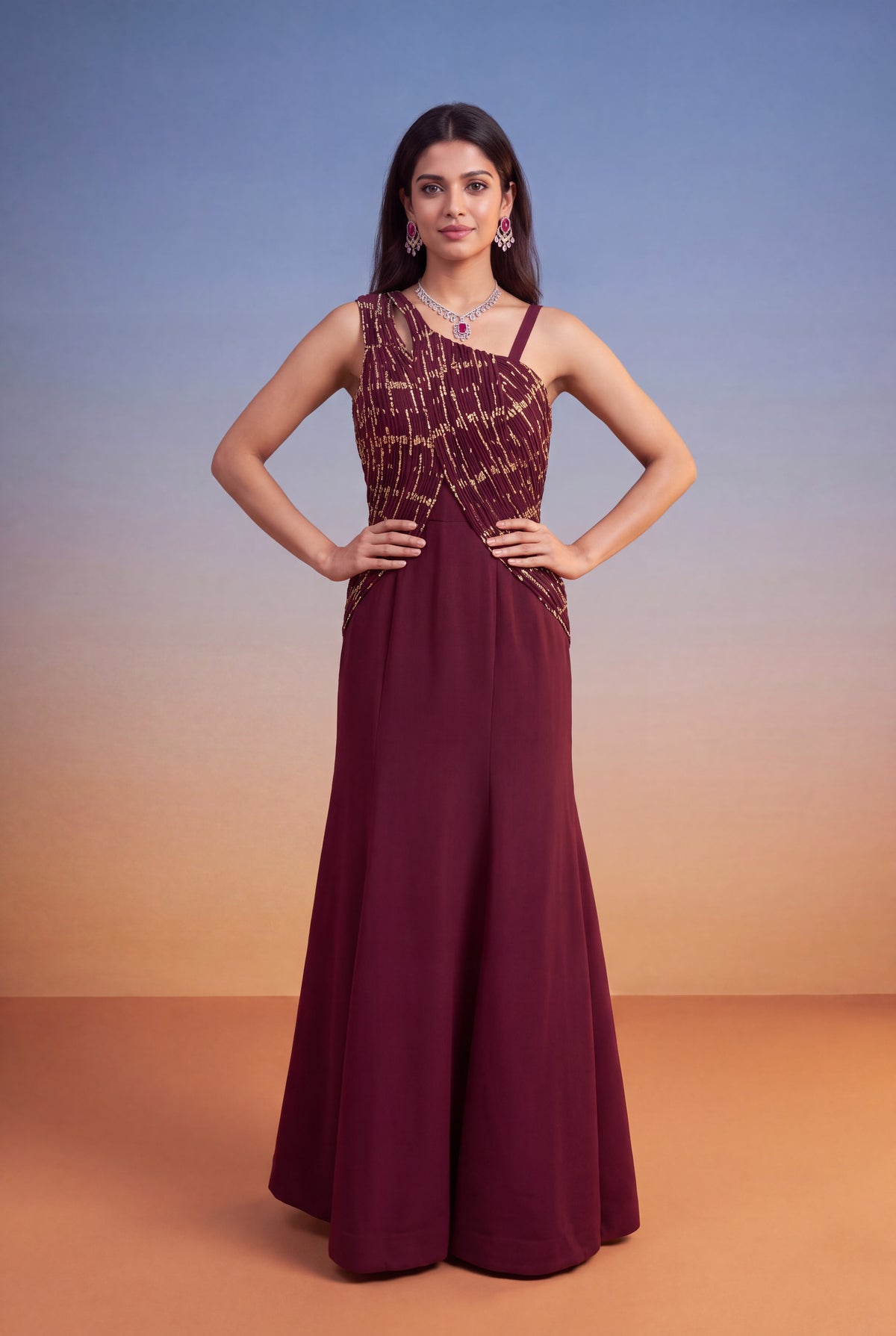 Wine Silk Banarasi Weave Western Gown