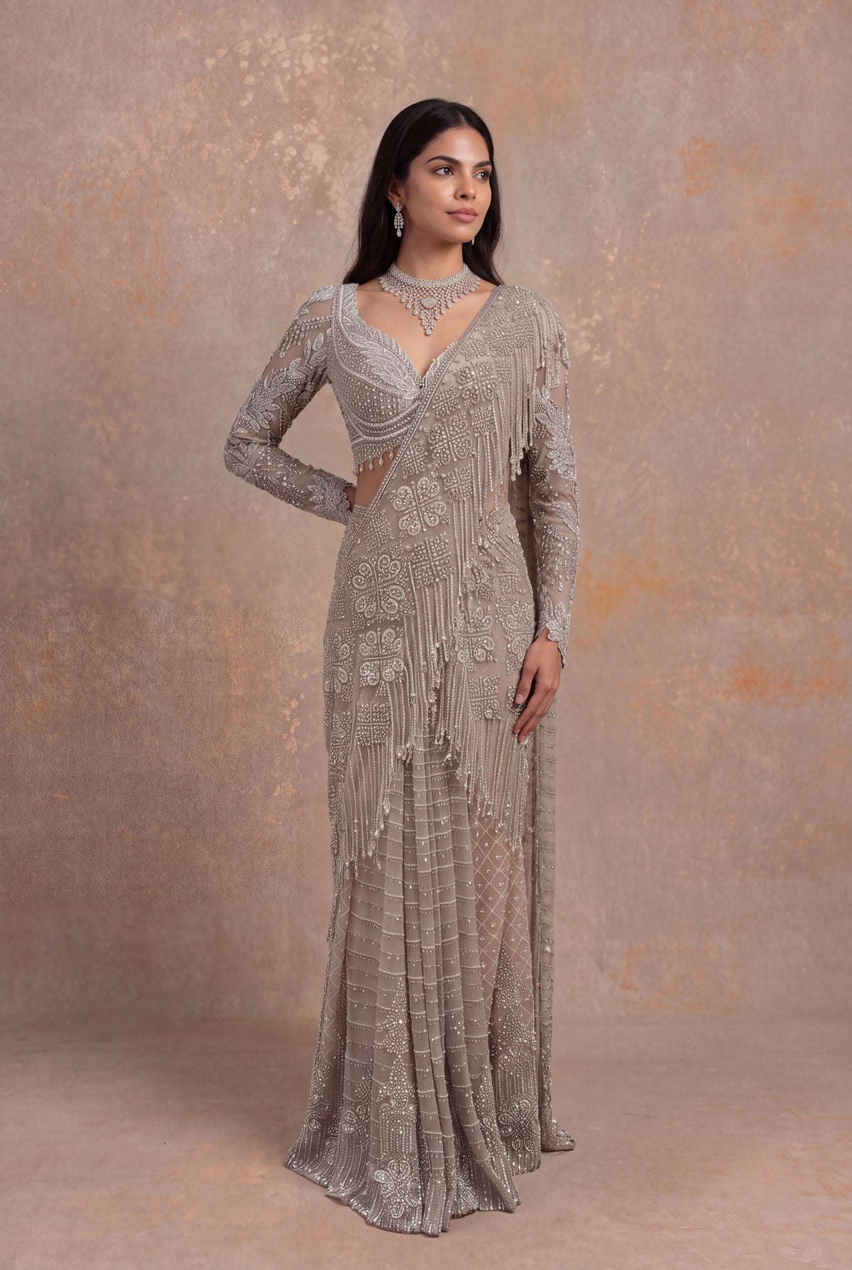 Rose Gold Embellished Net Pre-Draped Saree