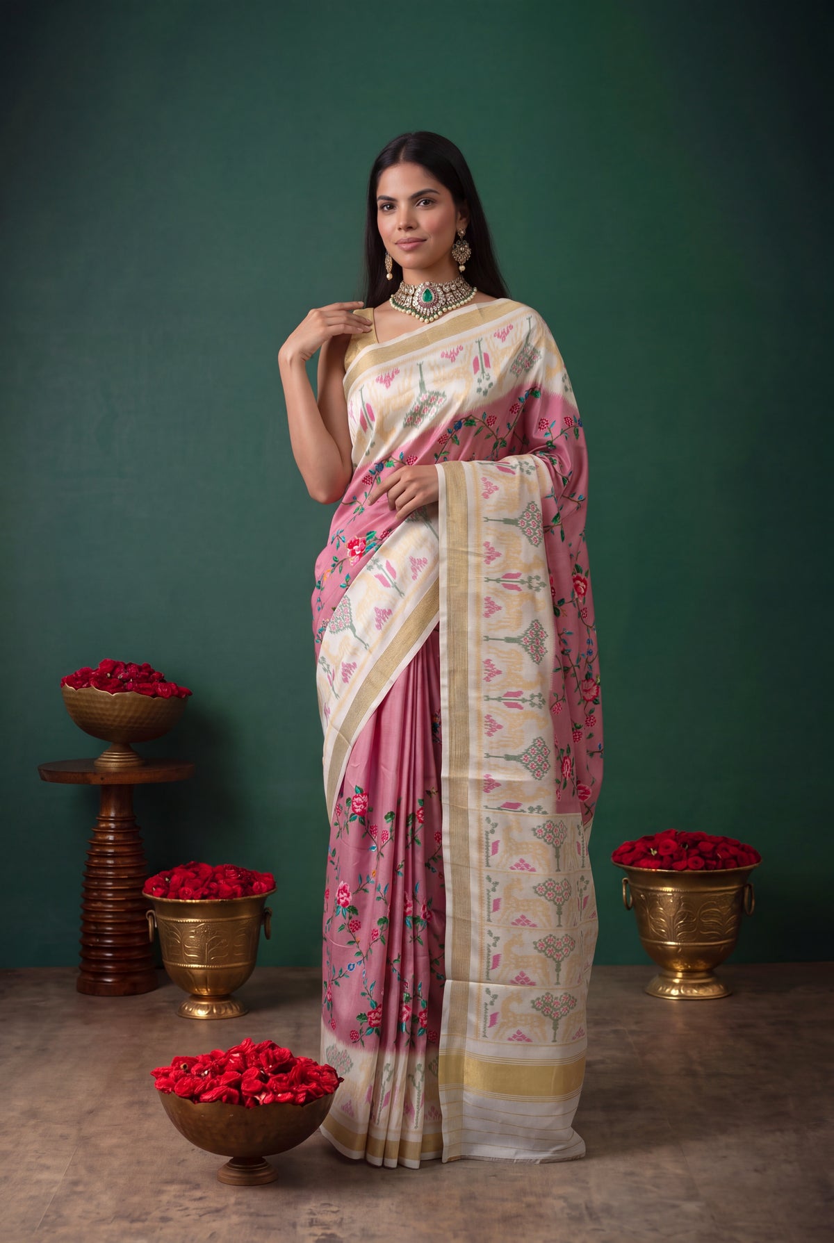 Rose Pink Twill Silk Patola Saree