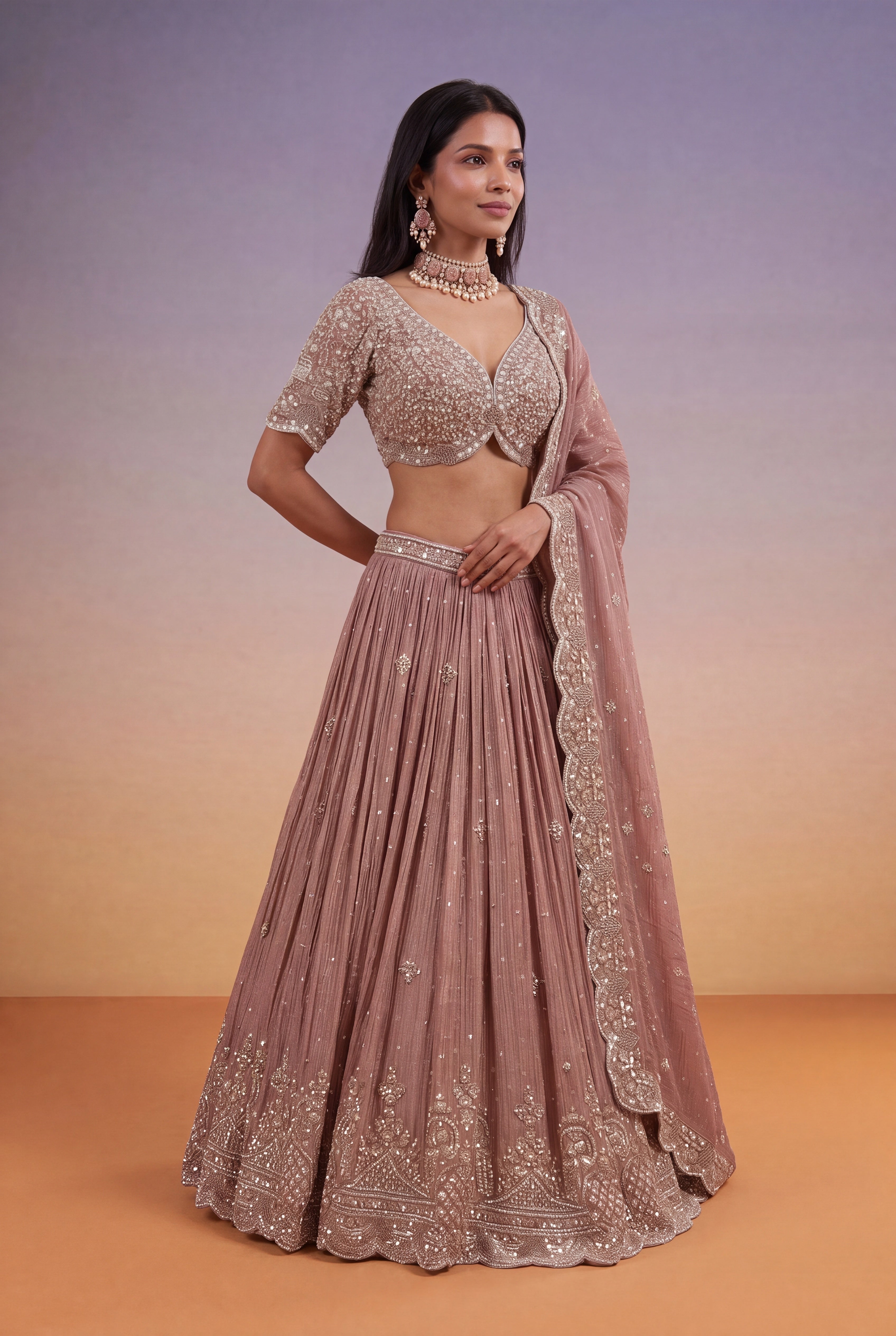 Dusty Rose Tissue Lehenga with Sequin, Kutdana & Pearl Embroidery