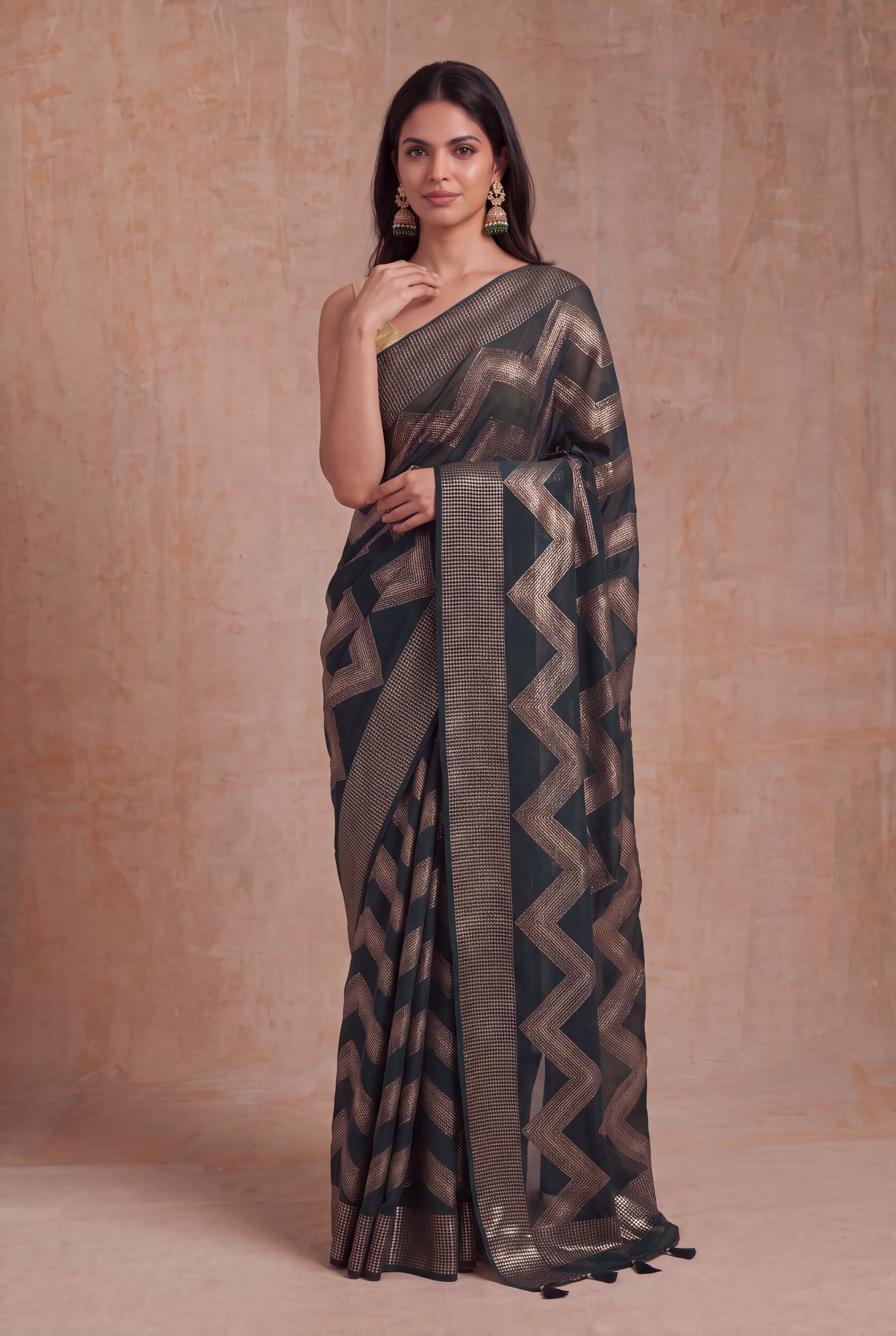 Bottle Green Georgette Sequin Wave Saree