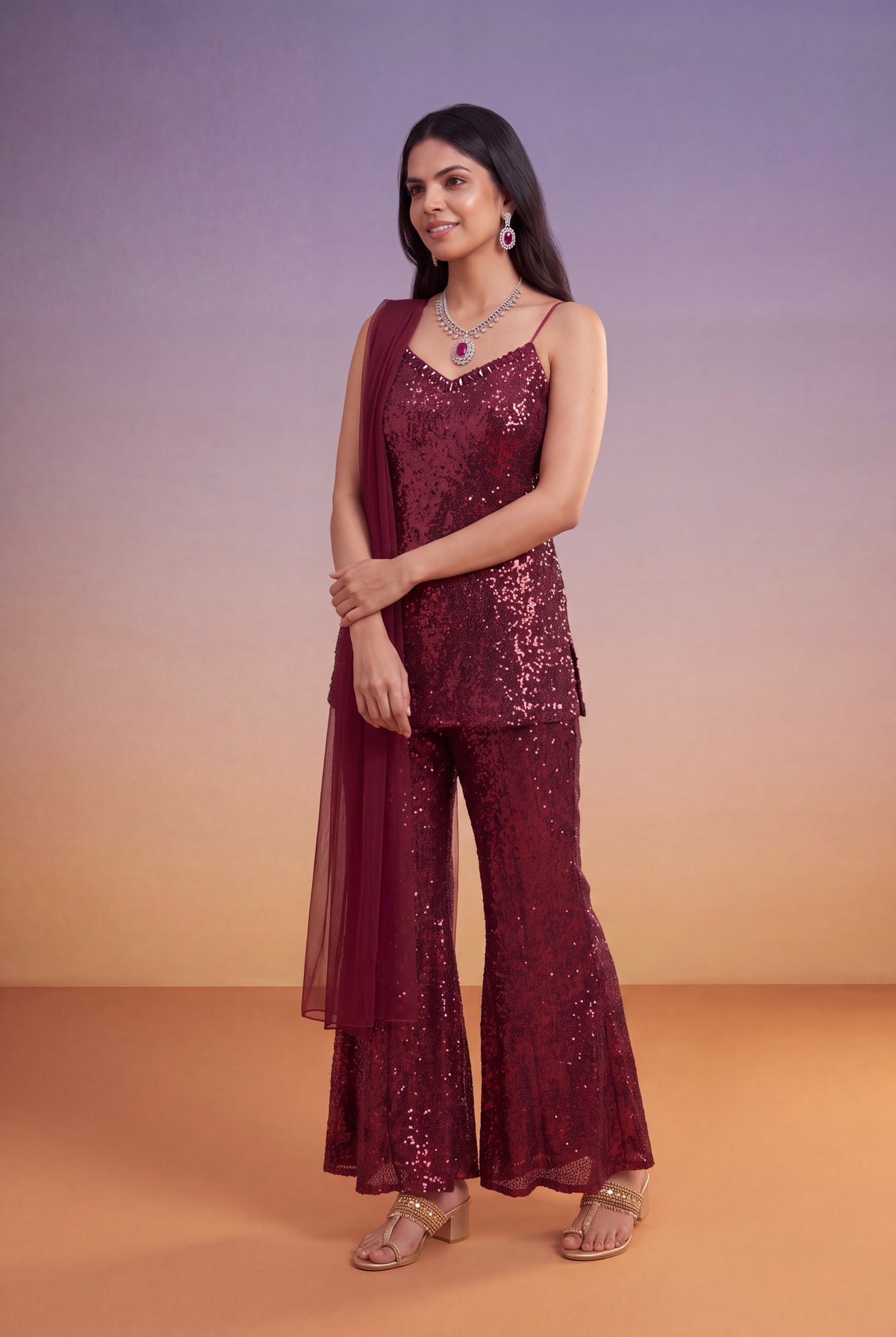 Wine Sequin Indo-Western Palazzo Set with Dupatta