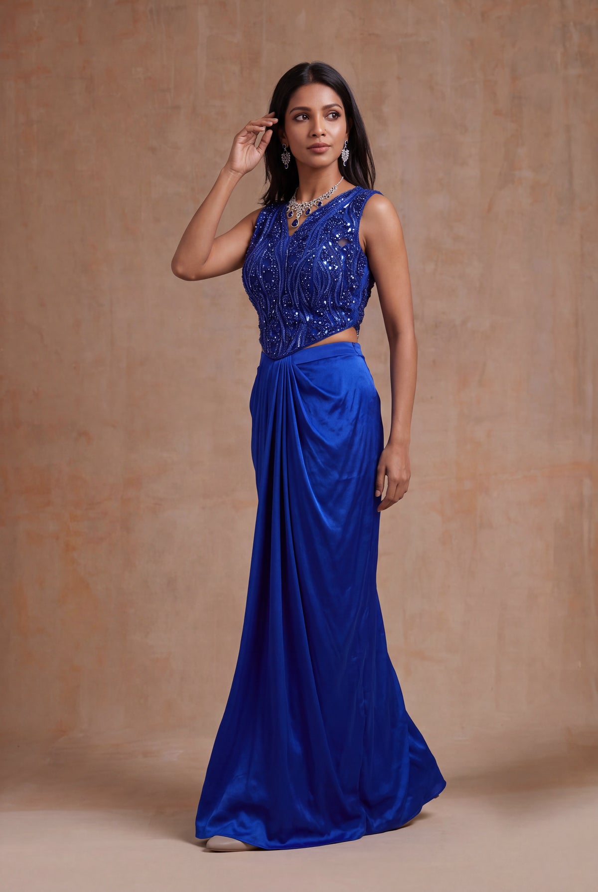 Royal Blue Embellished Draped Skirt Set