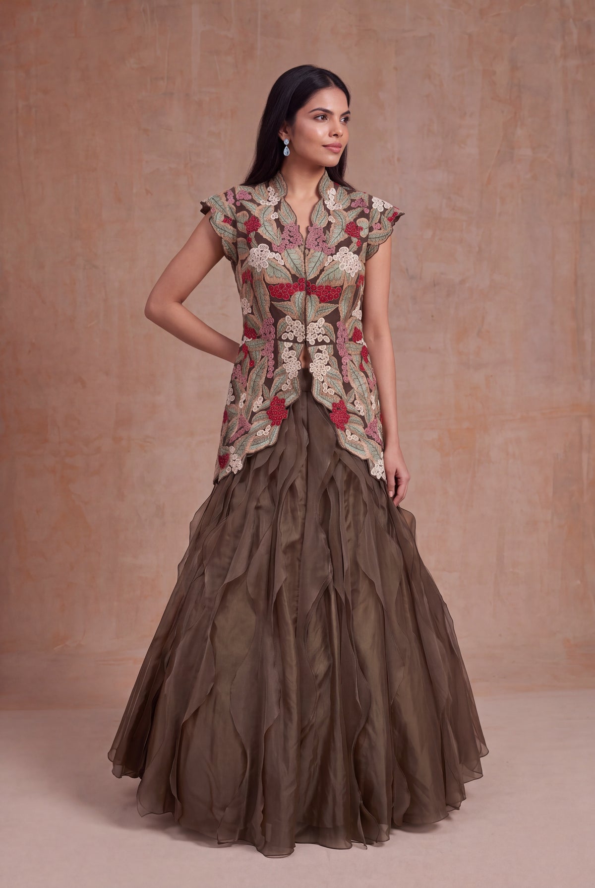 Olive Green Silk & Organza Botanical Embroidery Set