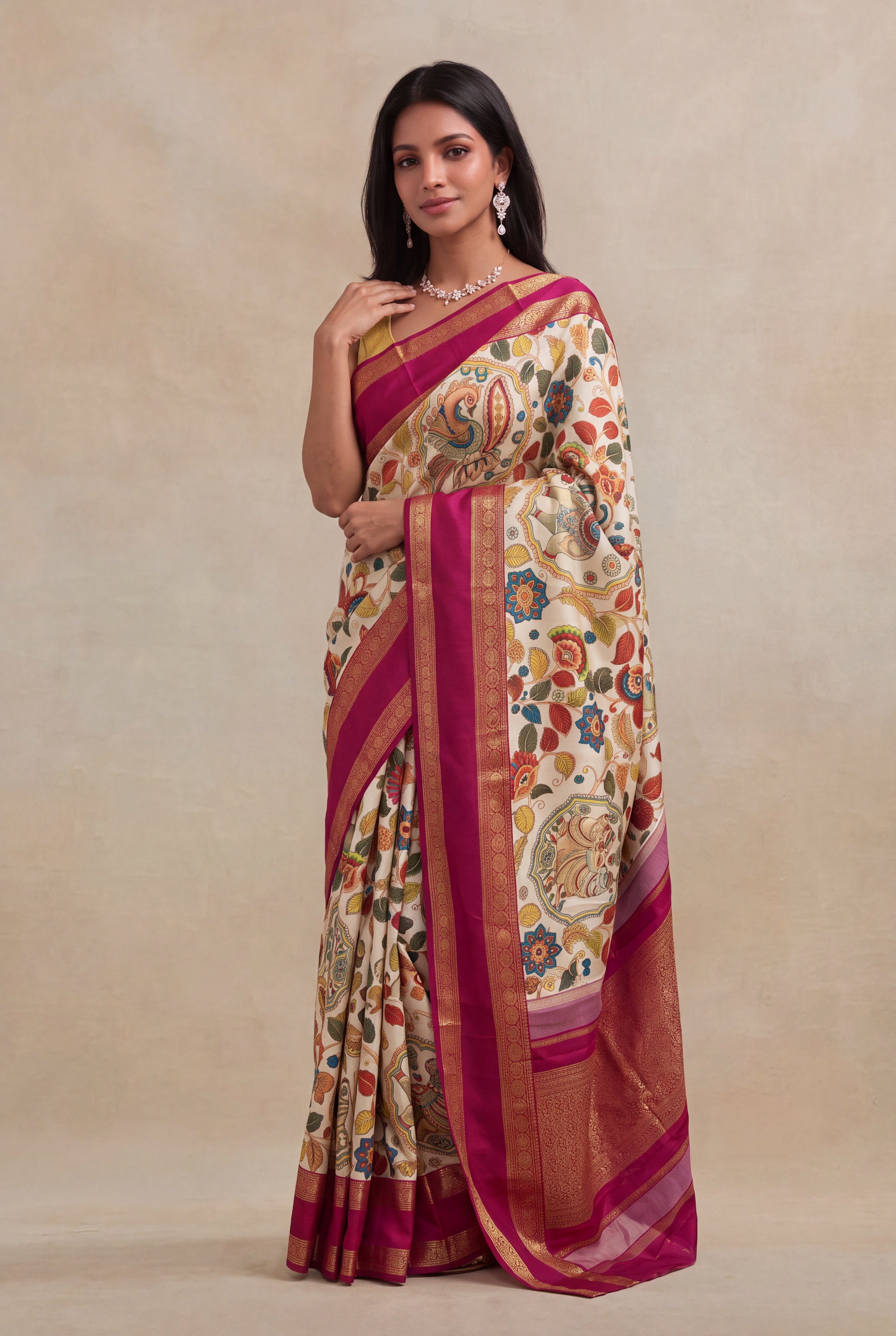 Beige Kalamkari Print Kanchivaram Silk Saree