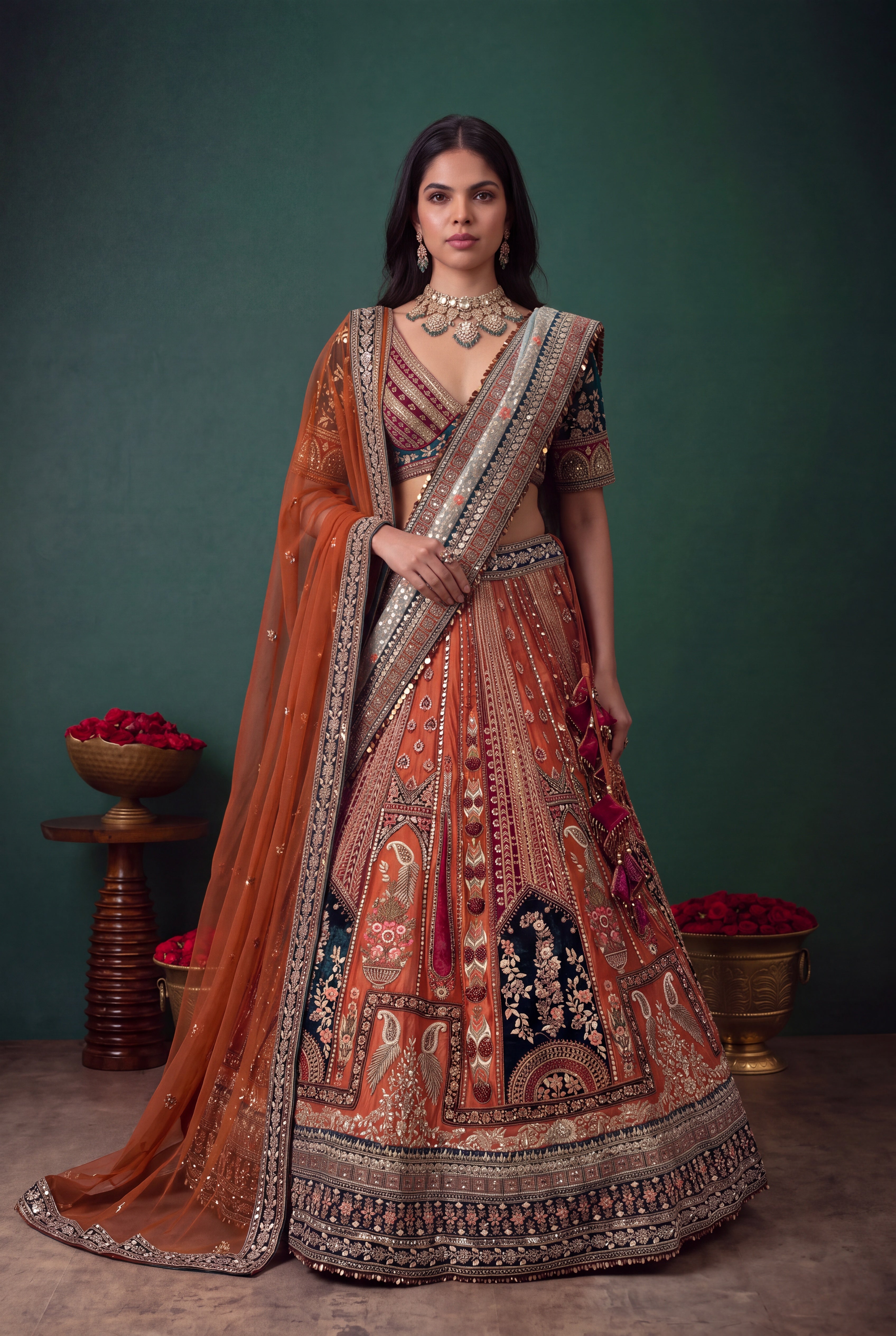 Rust Multicolour Silk & Velvet Lehenga with Zardozi Panel Work