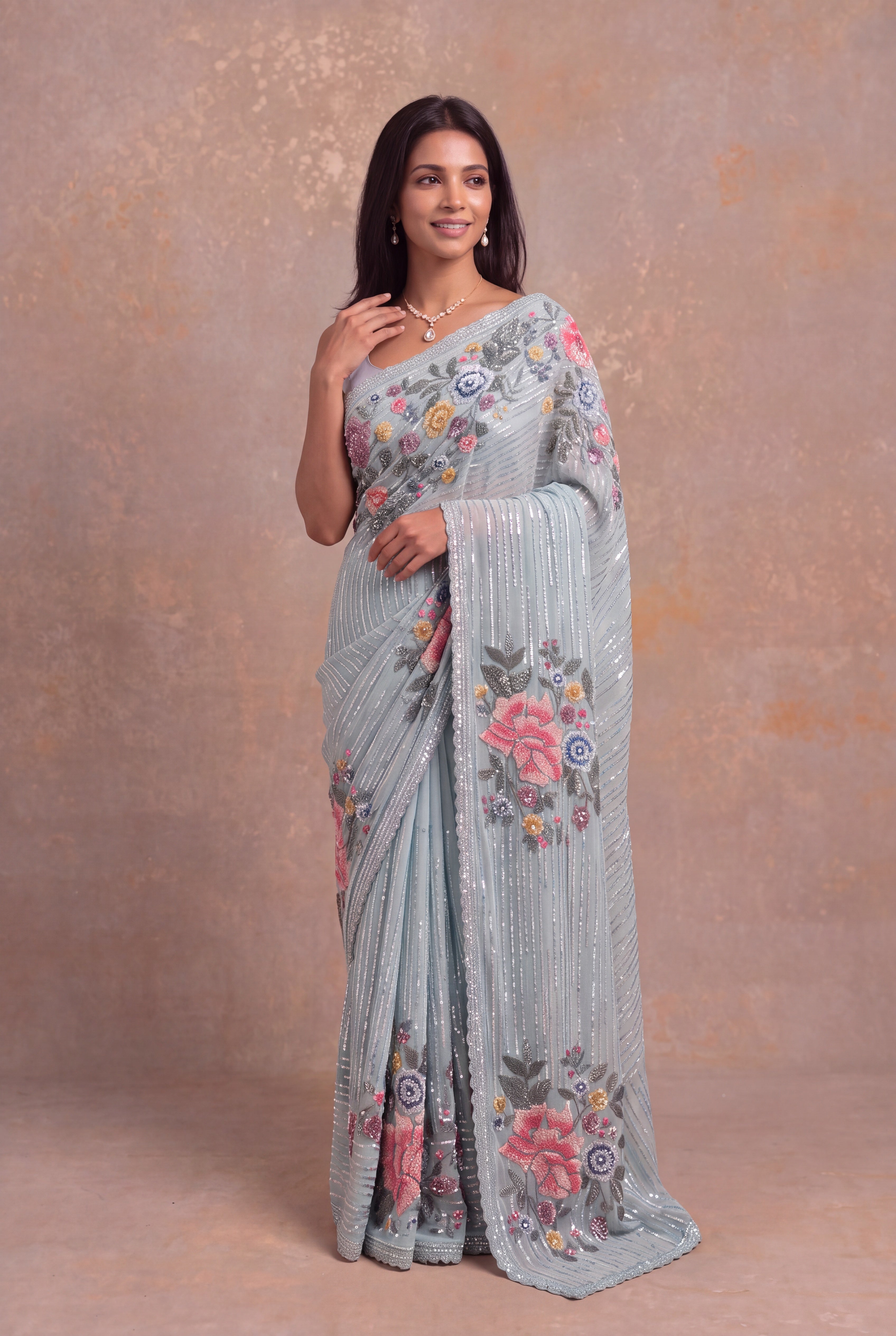 Powder Blue Georgette Saree