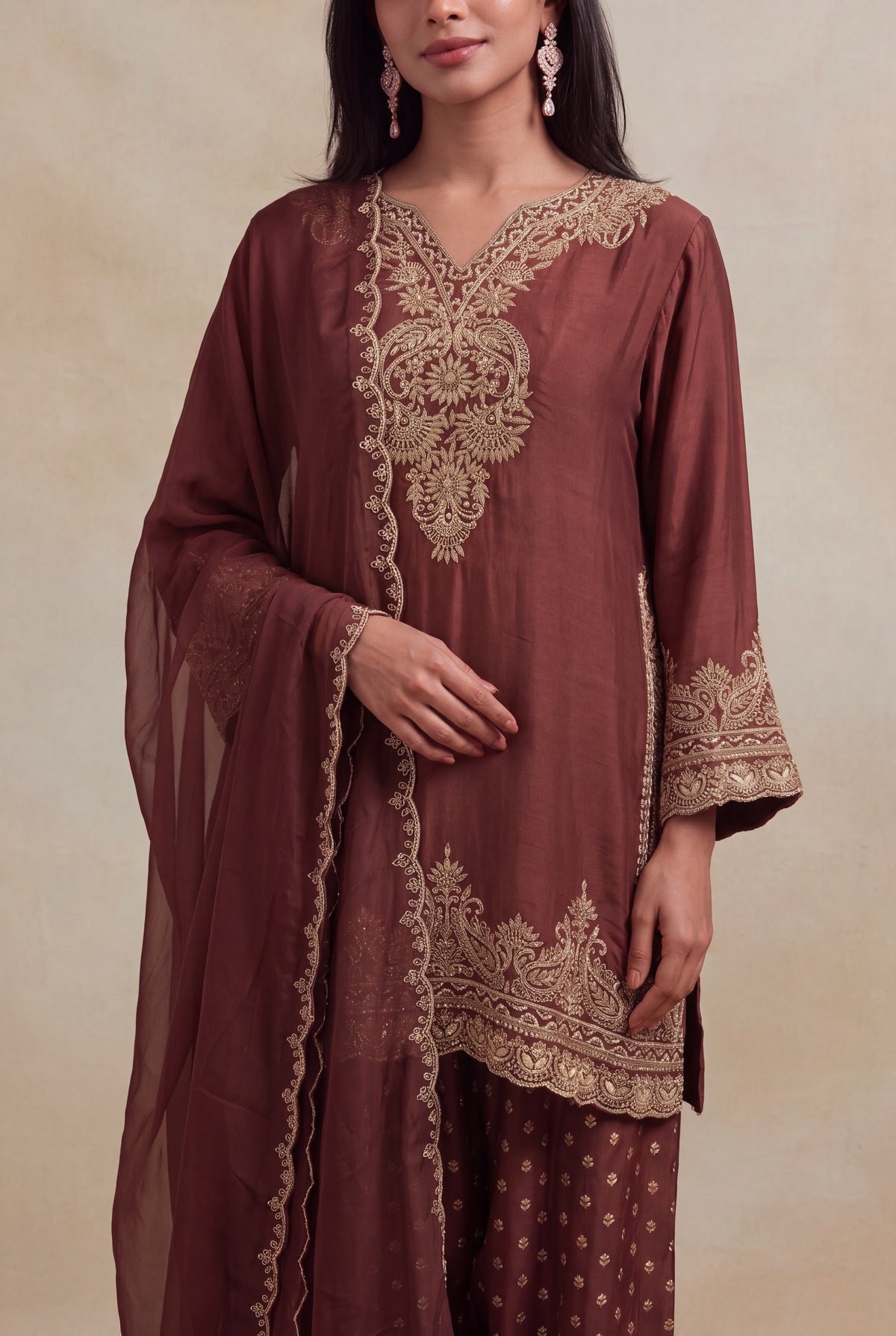 Brown Raw Silk Zardosi Indo-Western Set