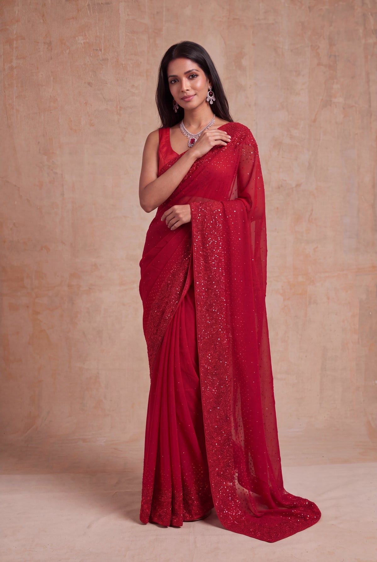 Red Crepe Saree with Sequin Work Border