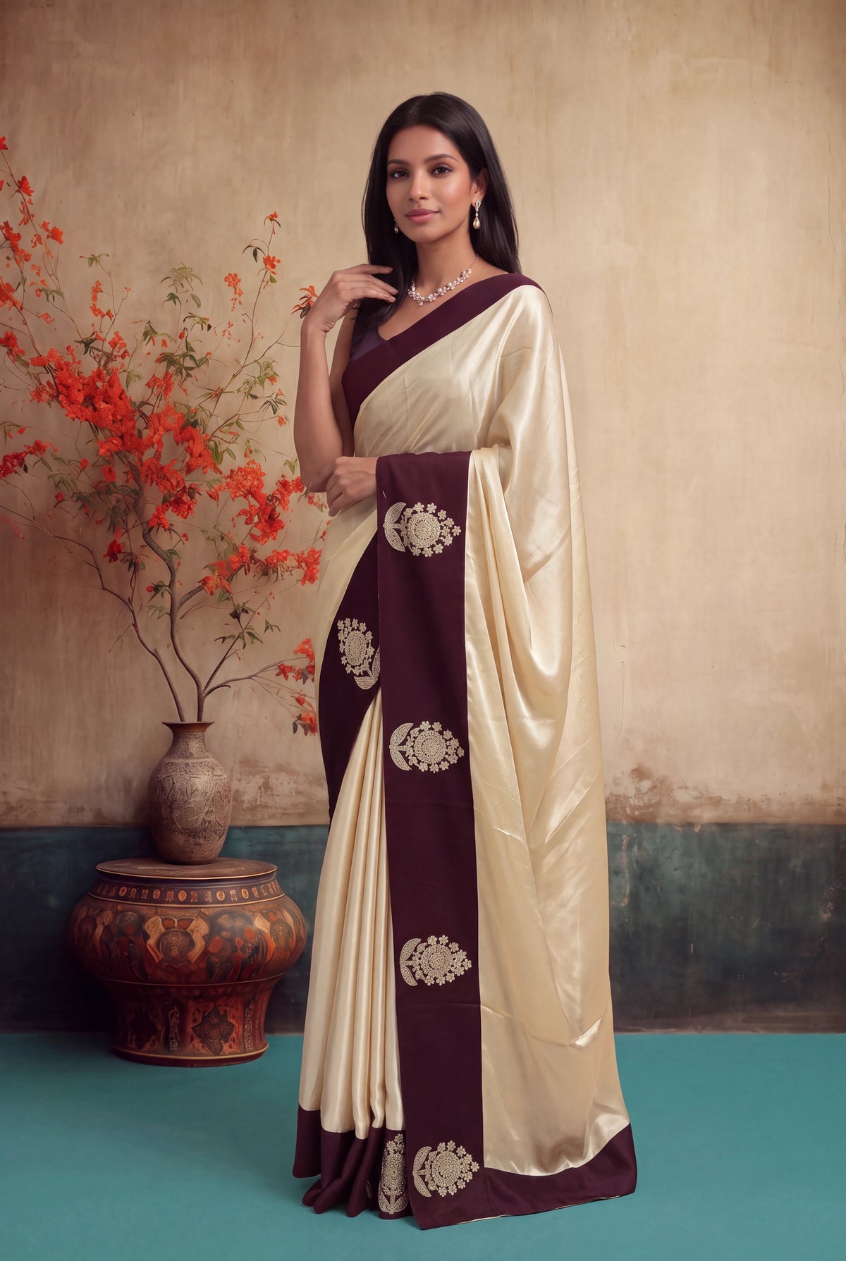 Ivory Crepe Silk Saree