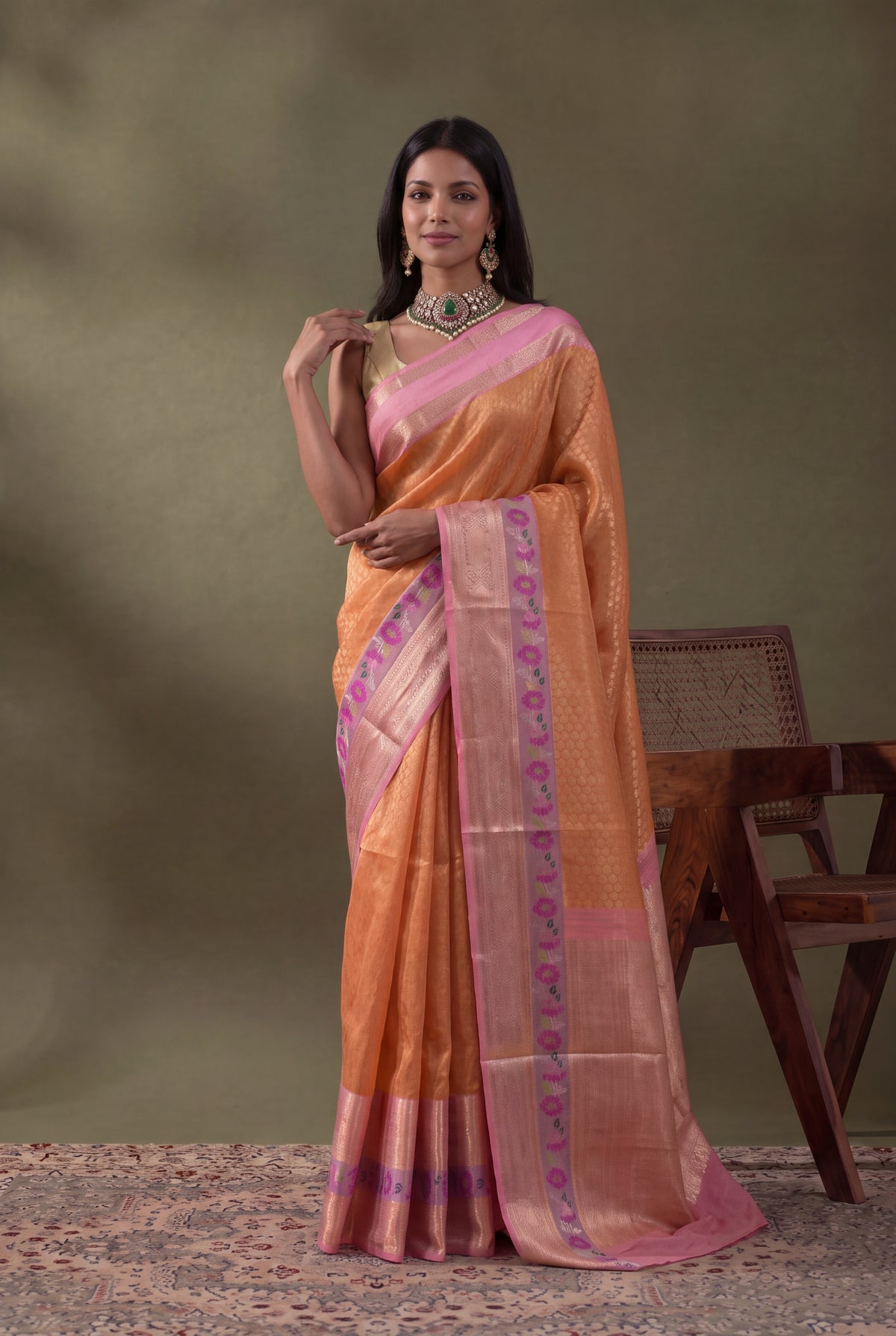 Peach Banarasi Kora Silk Fusion Saree