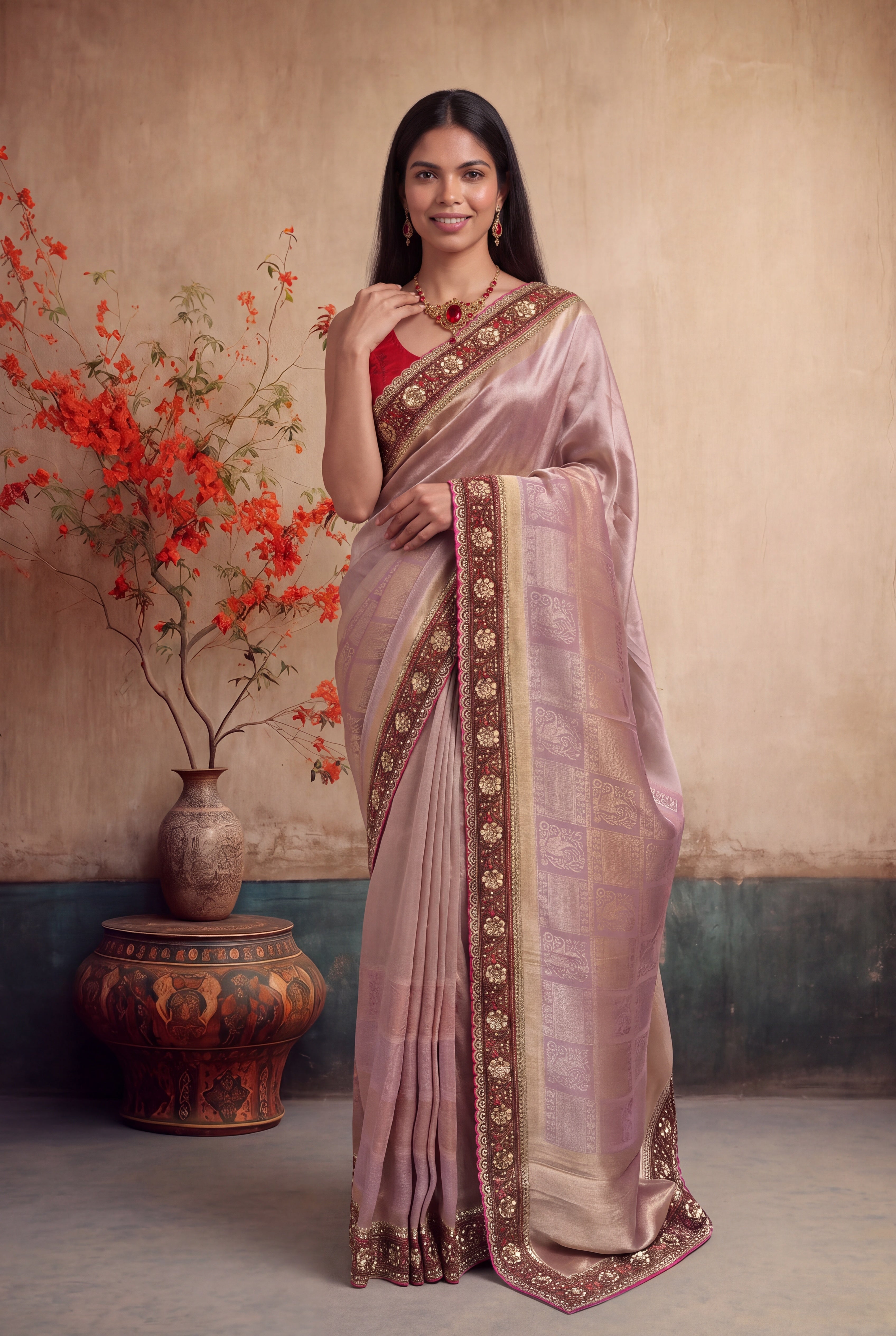 Mauve Pink Zardozi Scallop Border Saree