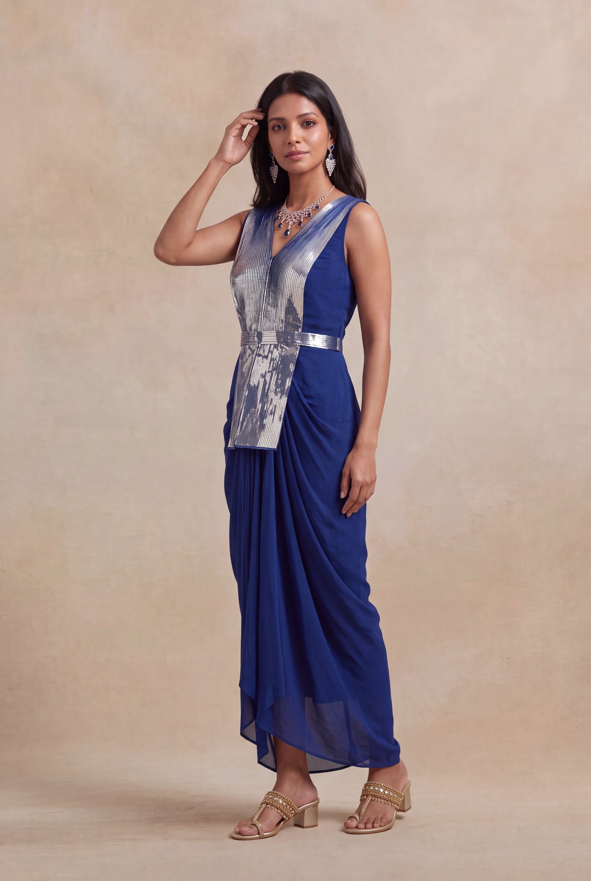 Royal Blue Indo-Western Drape Dress
