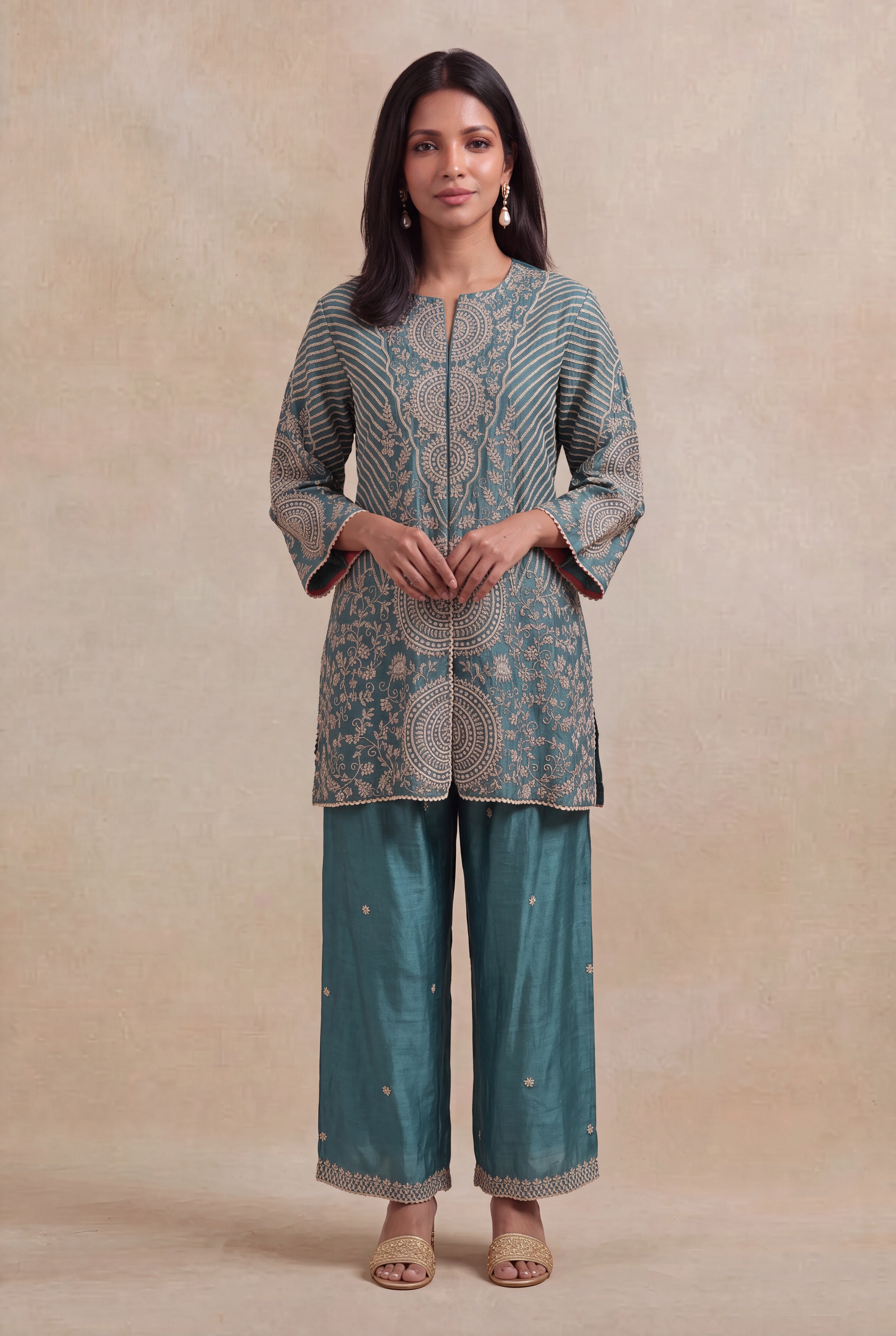 Teal Raw Silk Indo-Western Co-ord Set