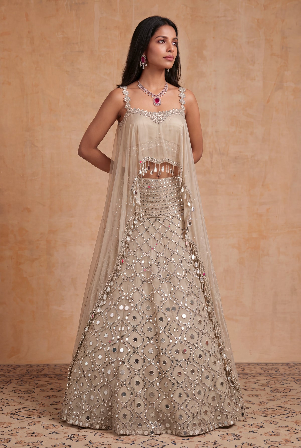Beige Mirror Work Tissue Lehenga Set