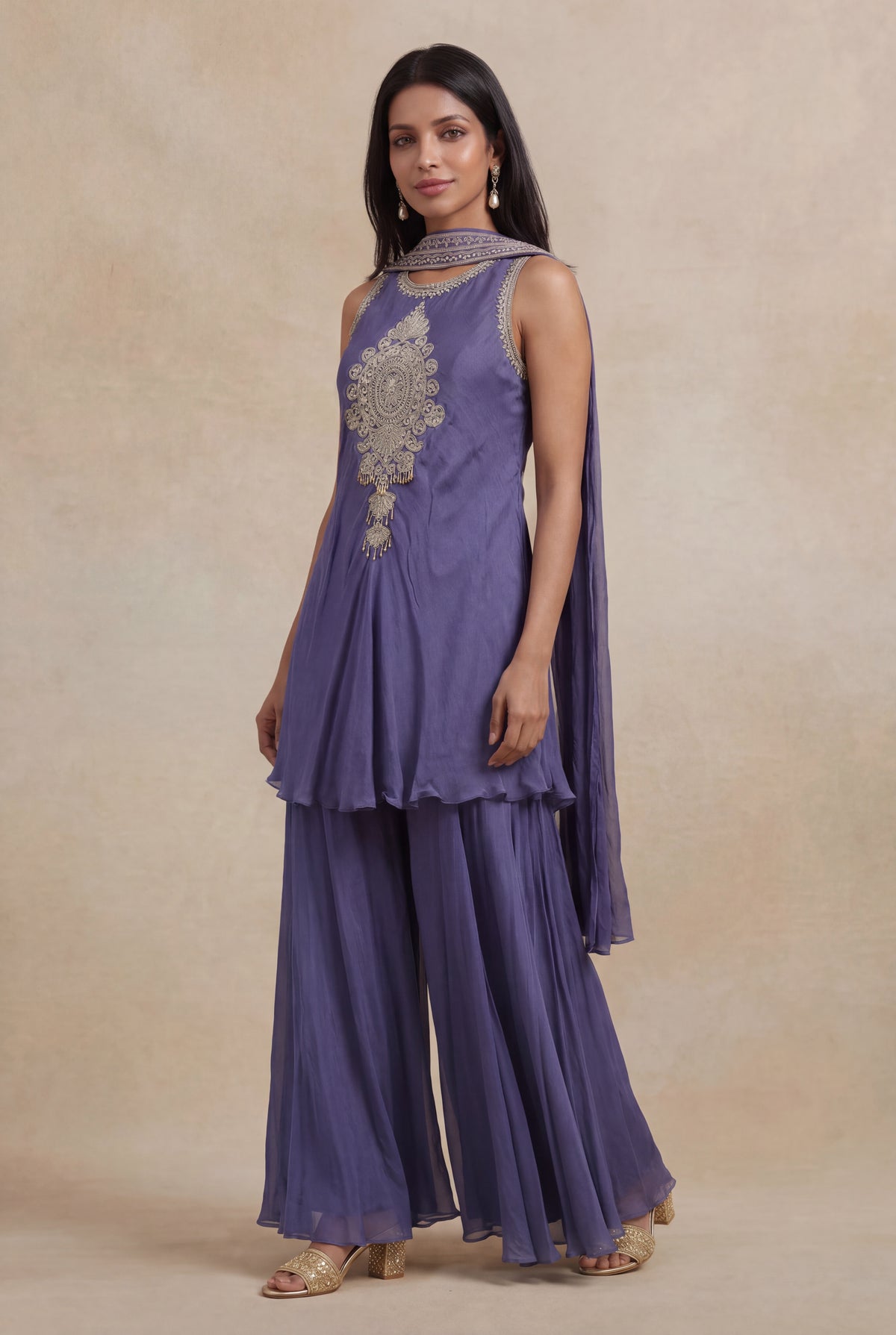 Slate Violet Chinon Katdana & Sequin Indo Western Set