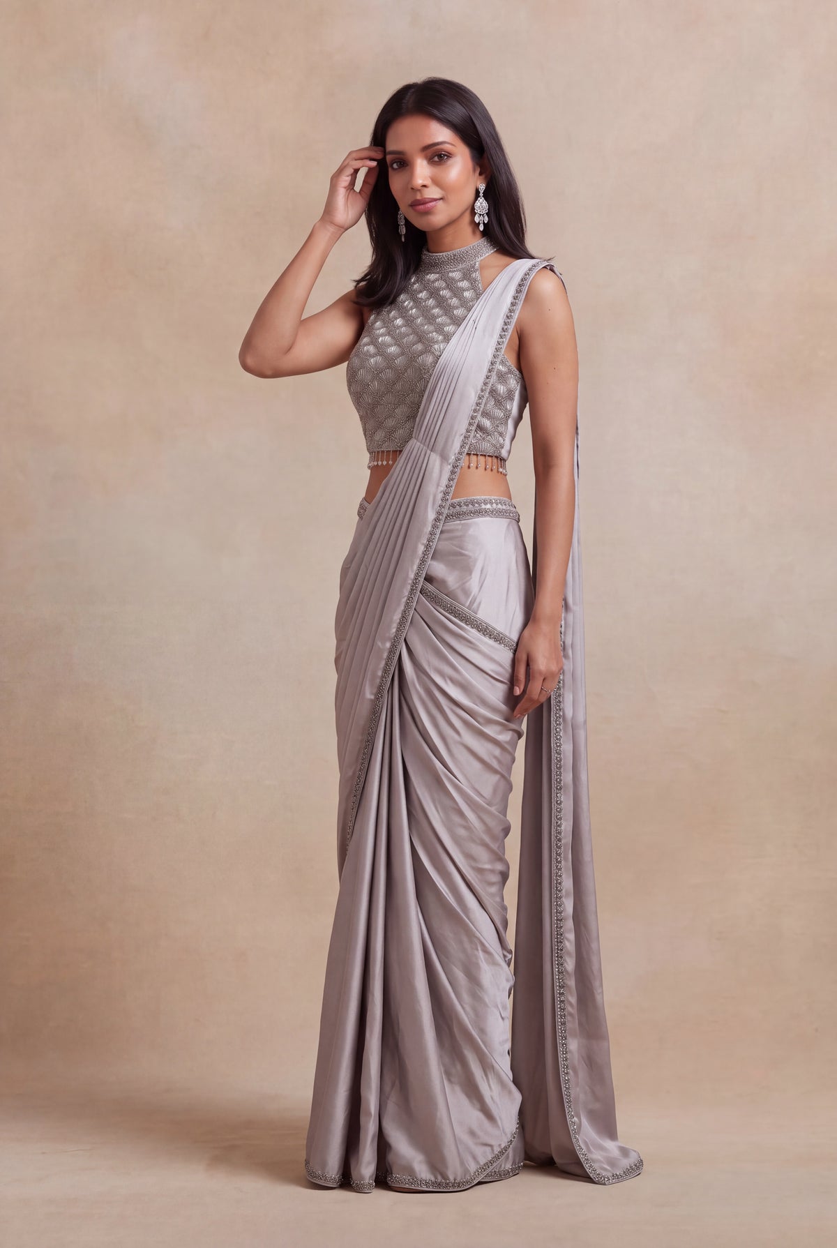 Silver Grey Satin Silk Ready-to-Wear Saree with Embellished Blouse