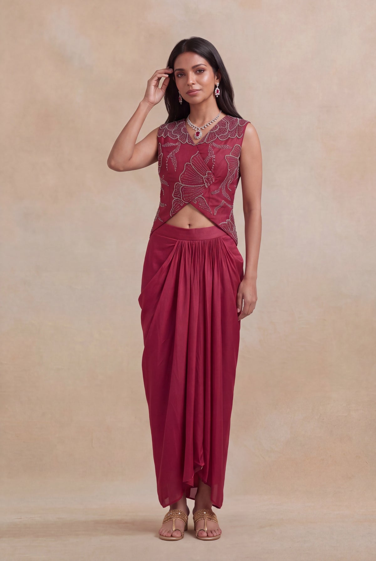 Wine Indo-Western Crop Top & Drape Skirt