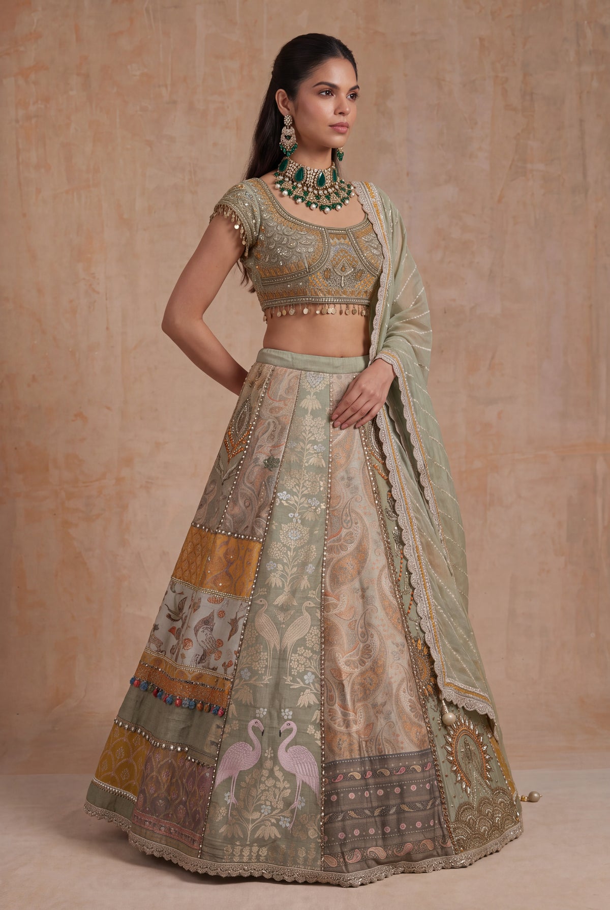 Light Green & Mustard Banarasi Printed Lehenga