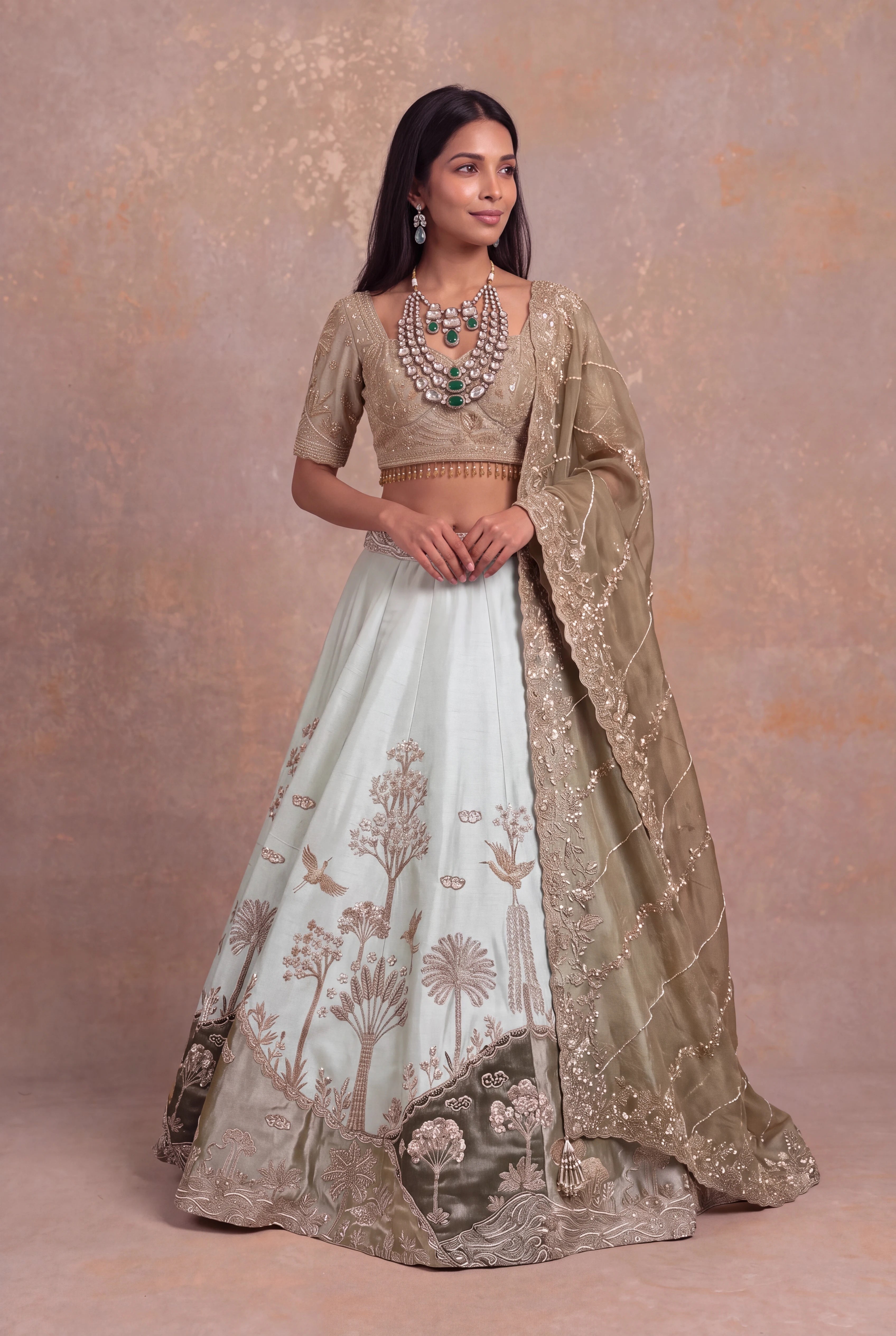 Pista Green Raw Silk Lehenga