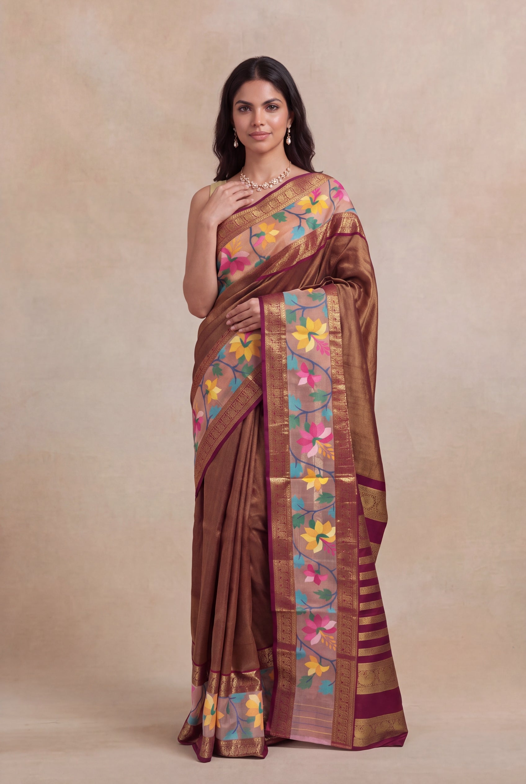 Maroon Kanchivaram Silk Fusion Saree