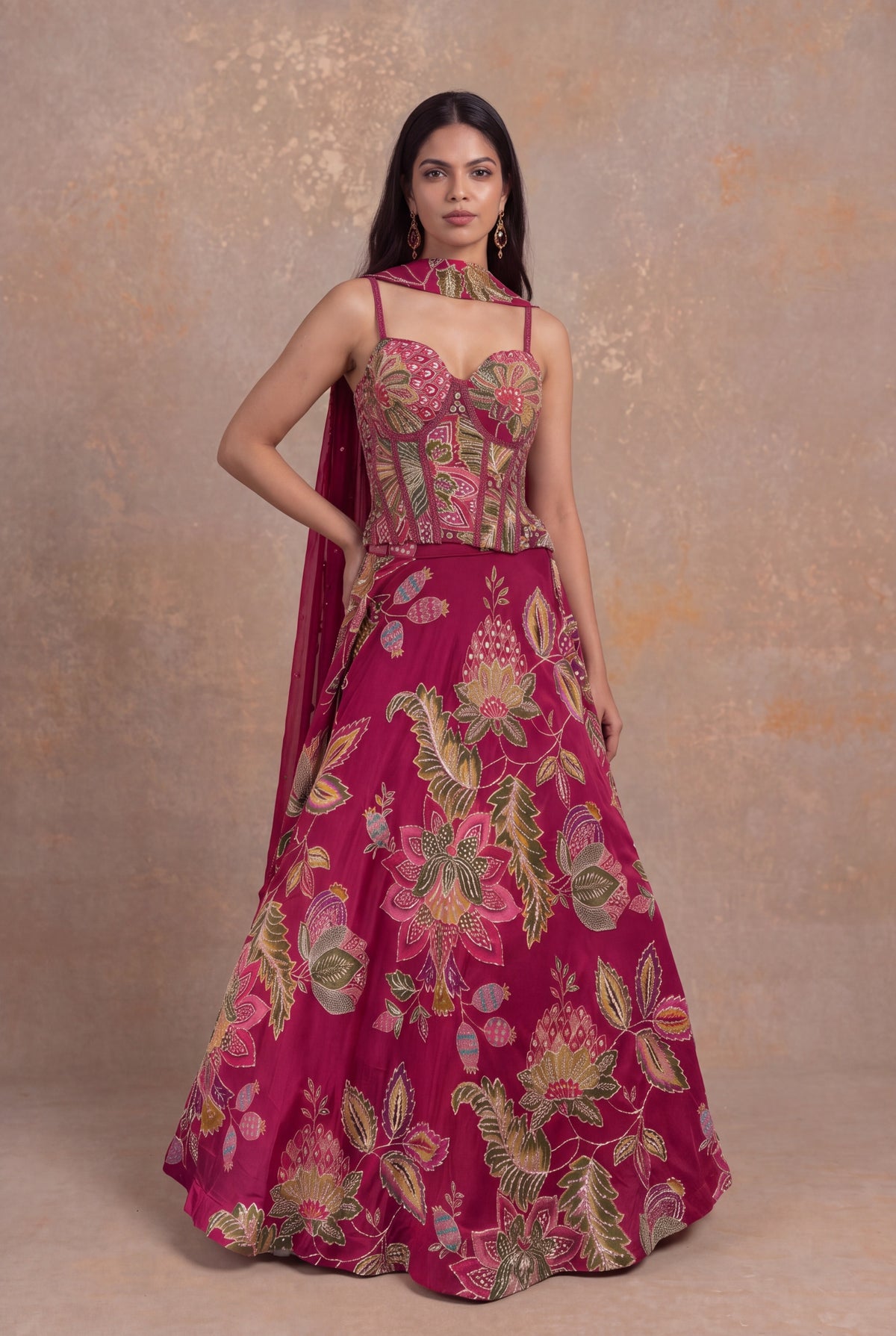 Rani Pink Organza Floral Embroidered Corset Lehenga