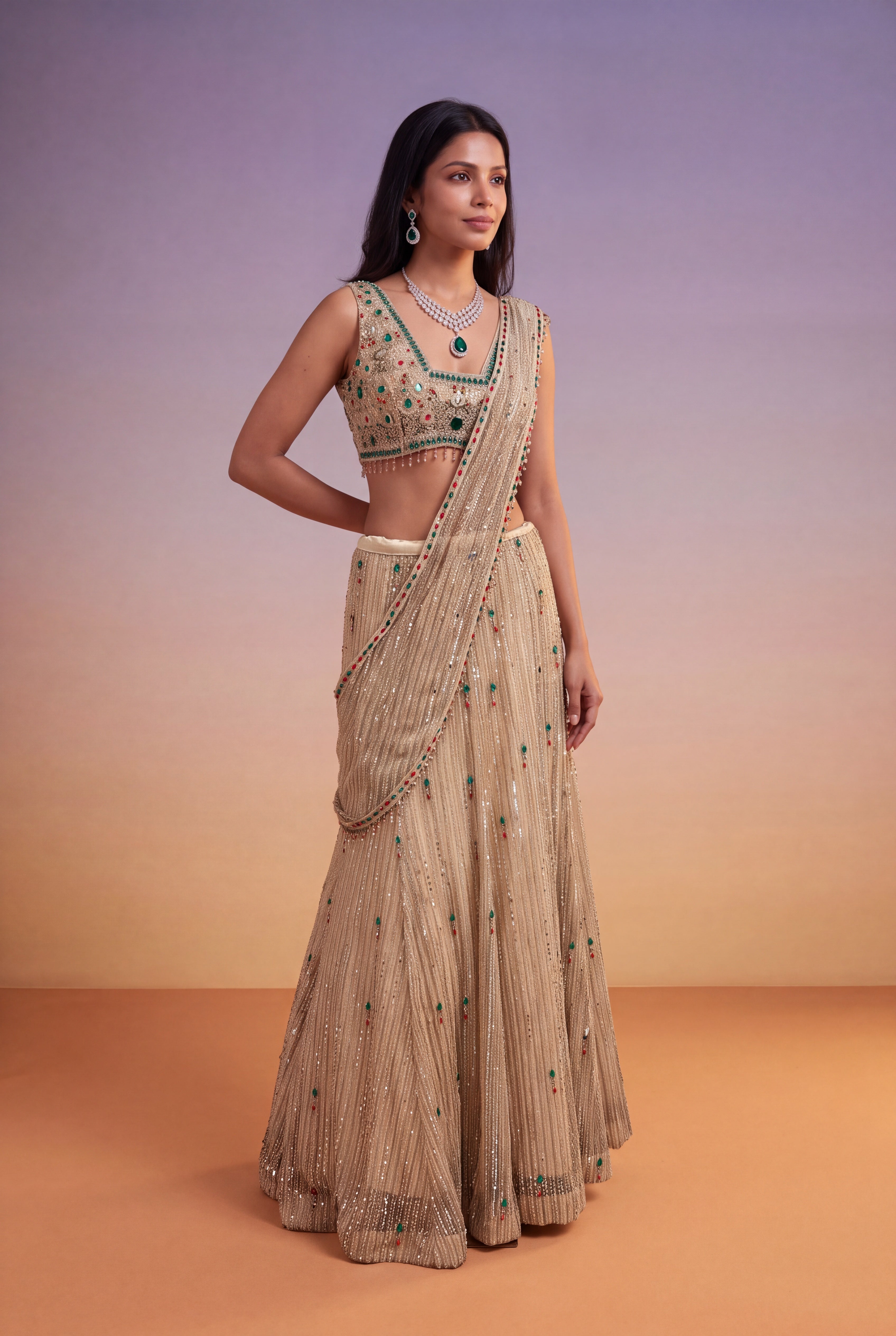 Gold Net Mermaid Lehenga with Jewel-Stone & Kutdana Embroidery