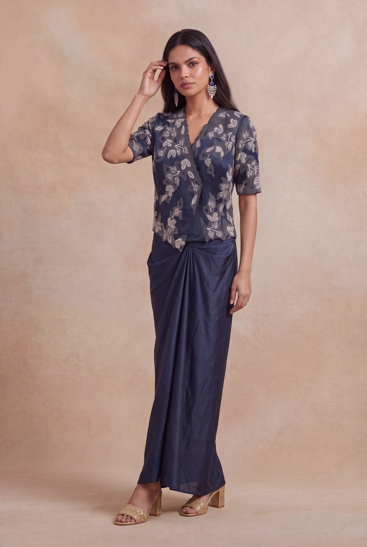 Navy Blue Satin Silk Indo-Western Set