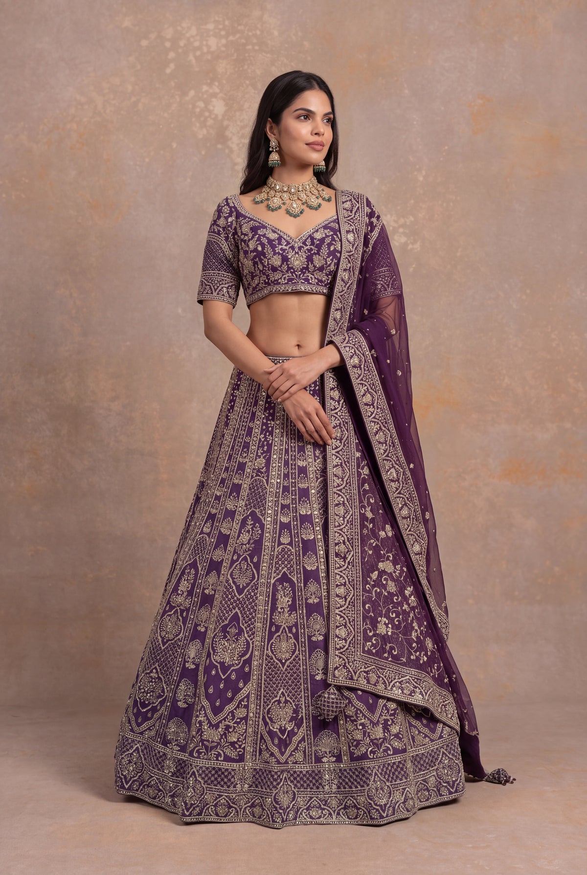 Plum Raw Silk Lehenga Set with Zardozi Embroidery