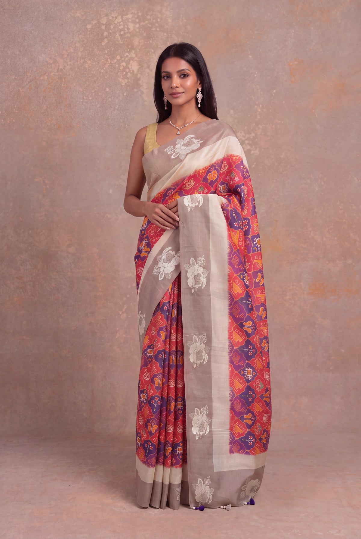 Multicolour Tussar Silk Saree with Ikkat Print